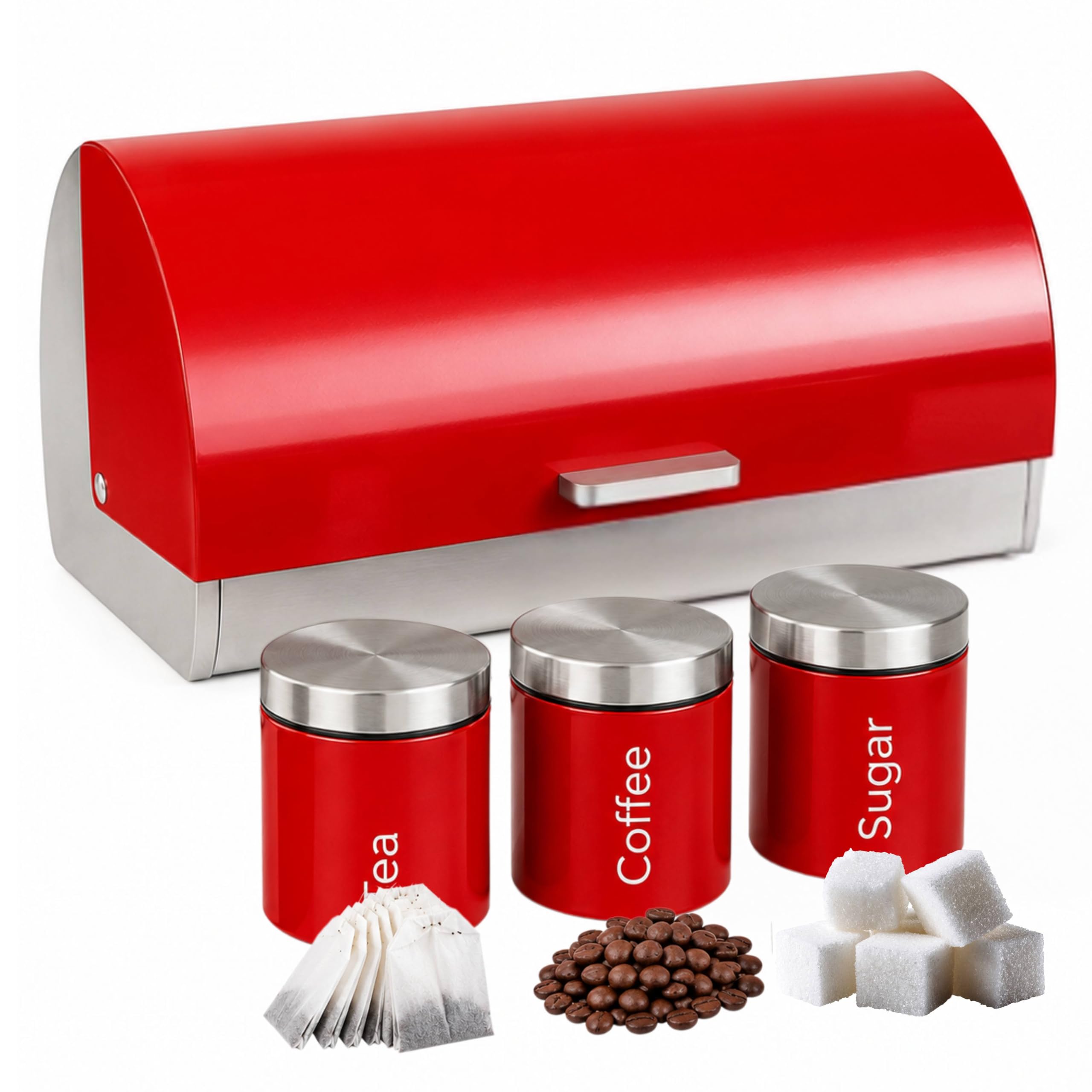 ALAYSTAR Bread Bin & Tea Coffee Sugar Canister Set Red Metal Kitchen Set