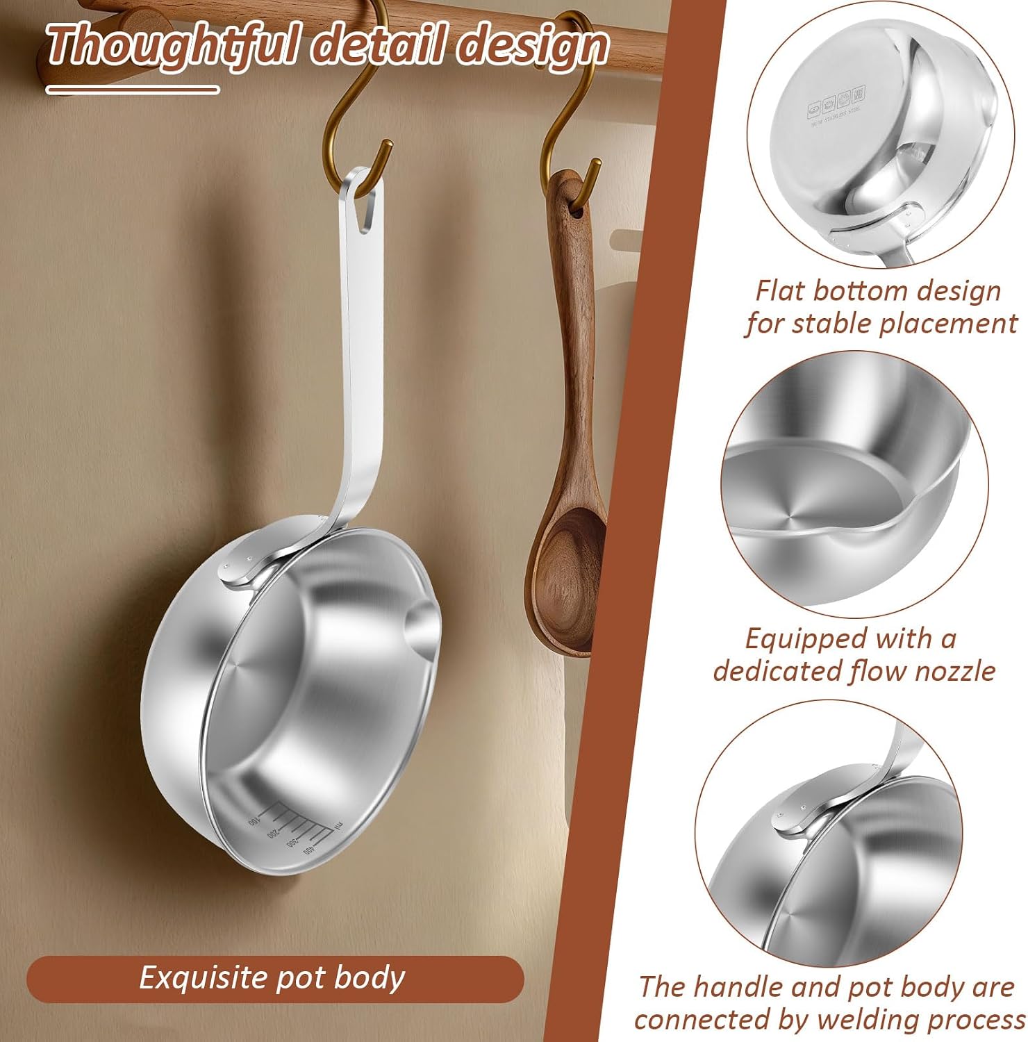 Small Sauce Pan, 13.5Oz Stainless Steel Butter Warmer, 400 Ml Chocolate Melting Pot Melter Milk Warmer with Pour Spout, Egg Frying Pan for Induction and Gas Stovetops