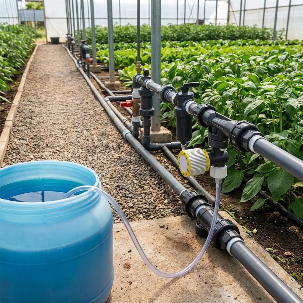 Suinga INYECTOR Venturi de Fertilizante 50Ø 12mm con Llave dosificadora de precisión. Caudal máximo riego 12000 l/h. Caudal máximo Fertilizante 600 litros a 3 Bar. Rosca Macho 1 1/2"