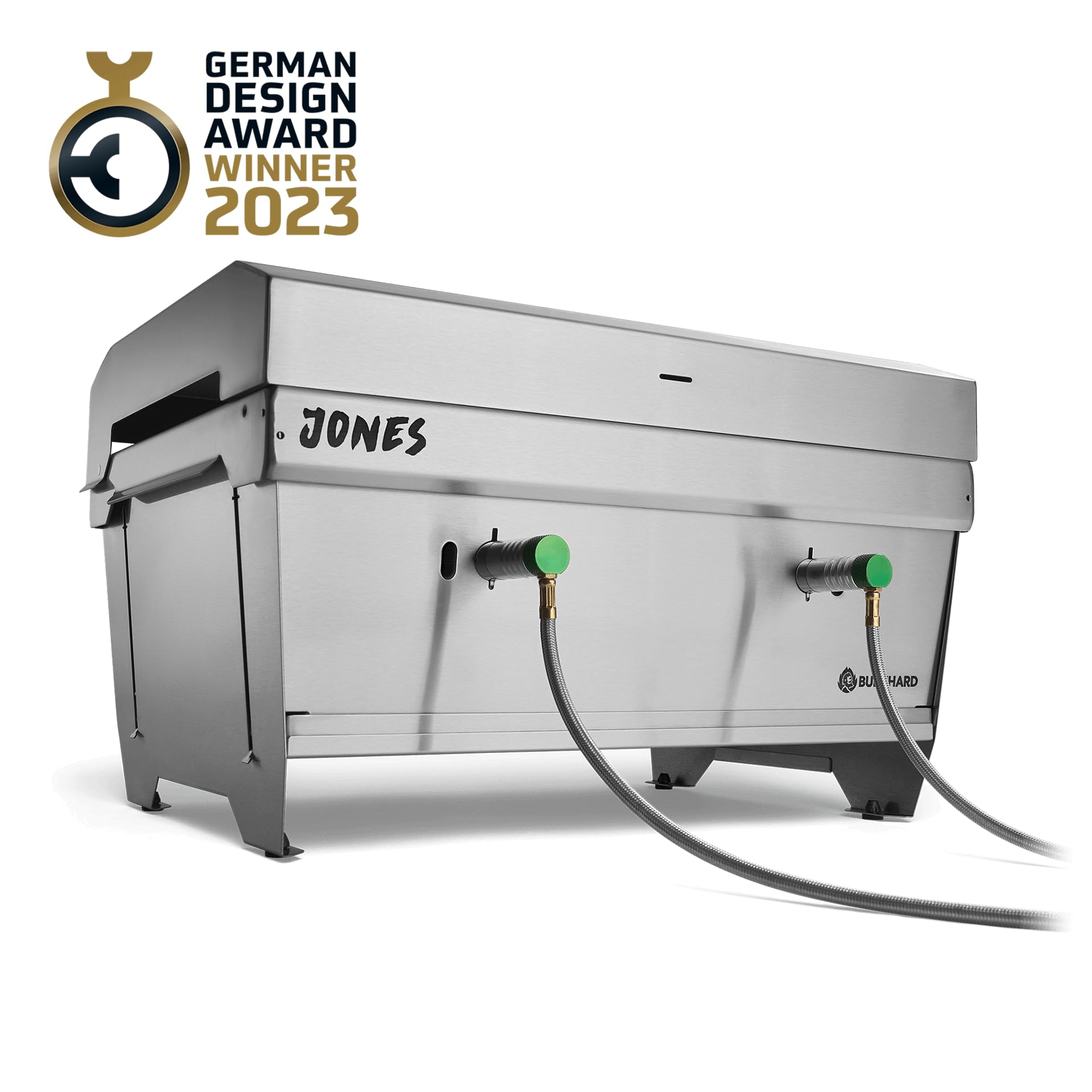 BURNHARD® Camping Gasgrill JONES Edelstahl Klappgrill mit Deckel 2-Brenner 6,4 kW inkl. Transporttasche mit Rucksackfunktion und Multitool, Faltgrill ideal für Camping