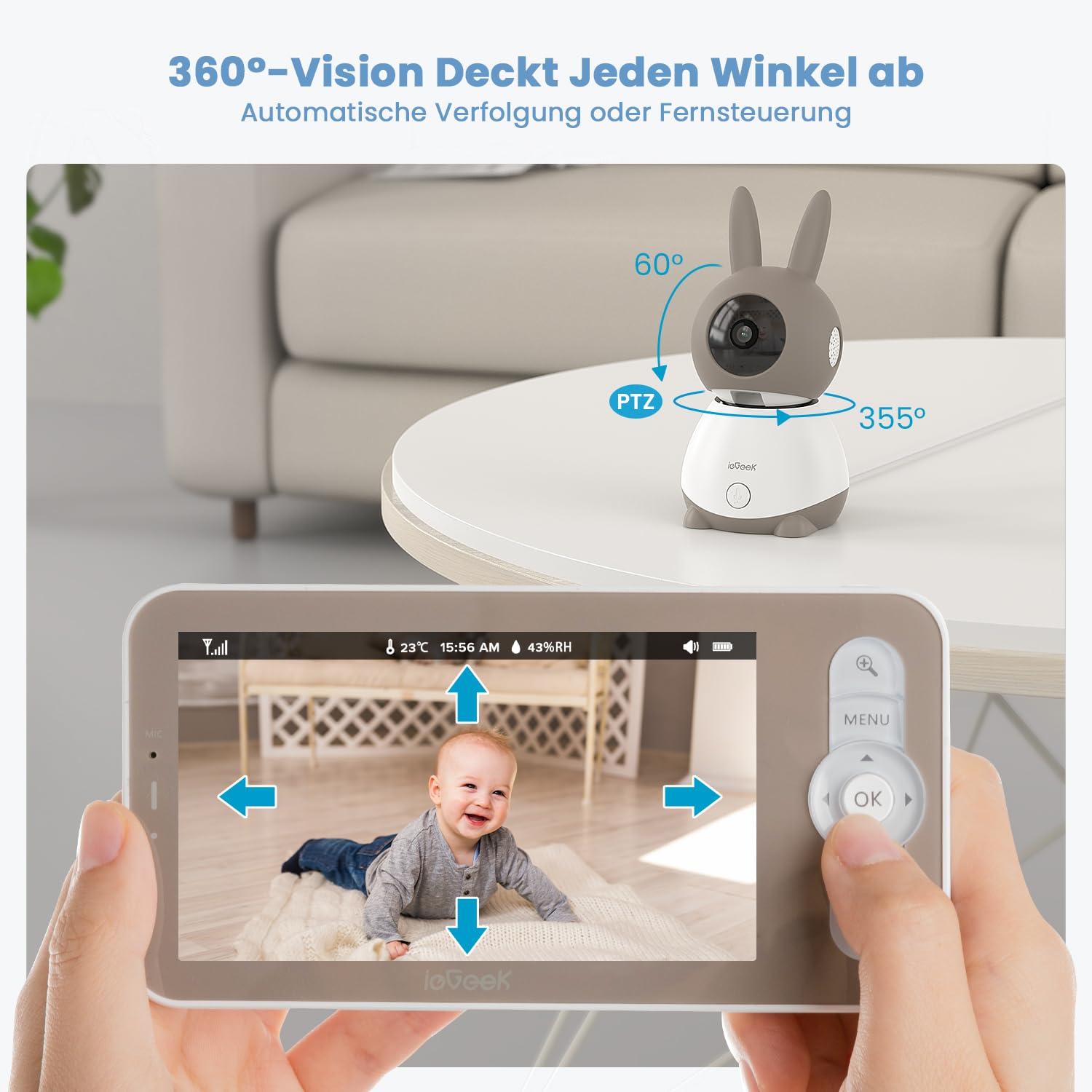 ieGeek Babyphone mit Kamera 2K 3MP, 5 Zoll WLAN Video-Babyfon mit PTZ 360°, Nachtsicht, Bewegungserkennung, App-Steuerung