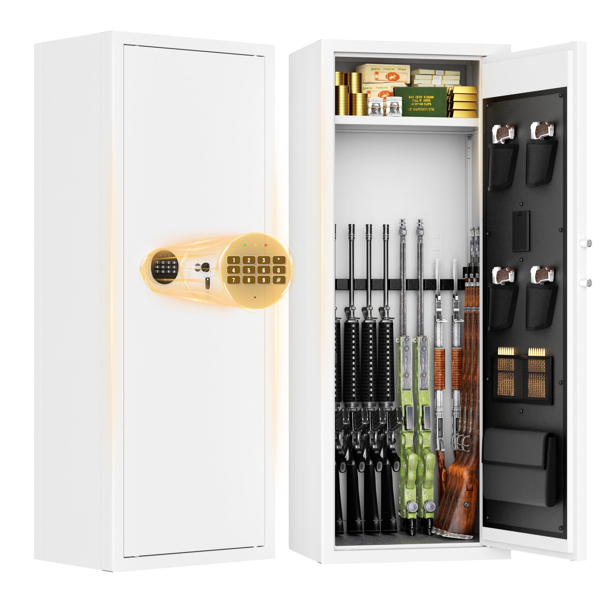 INTERGREAT 12-15 Gun Safe, Large Gun Safe for Rifles and Pistols, Quick Access Rifle Safe with 3 Removable Gun Racks and 4 Pistol Pockets, Digital Gun Cabinet with Dual Alarm and Sleep Mode,White
