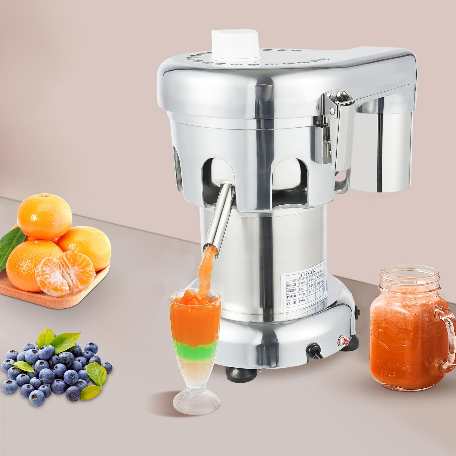 110V 370W Fruit and Vegetables Juice Maker Commercial Juice Extractor Electric Juicer Machine Stainless Steel Heavy Duty Centrifugal Juicer(Speed 2800r / min)