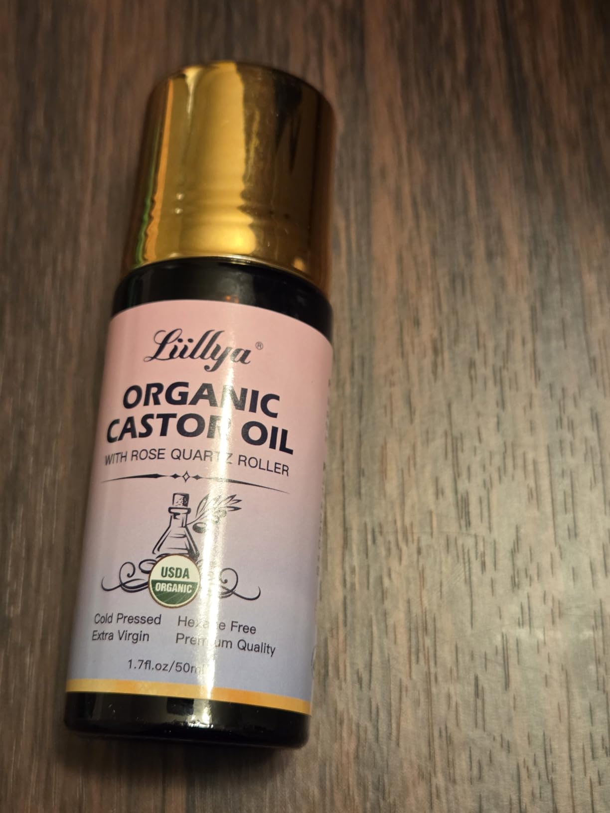Liillya Organic Castor Oil Roll On with Rose Quartz Roller – 100% Pure Cold-Pressed, Hexane-Free, Natural Moisturizer for Skin, Hair, Brows & Lashes | Amber Glass Bottle, 50ml (1.7oz)