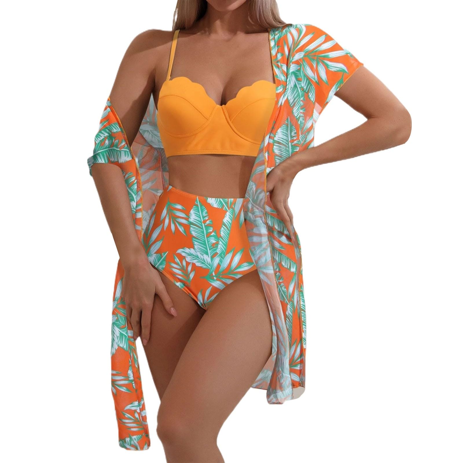 Ensemble Tankini 3 Pièces avec Haut à Manches Longues Haute et Push Up Maillot de Bain Élégant pour Femmes Tenue Plage Moderne 2024