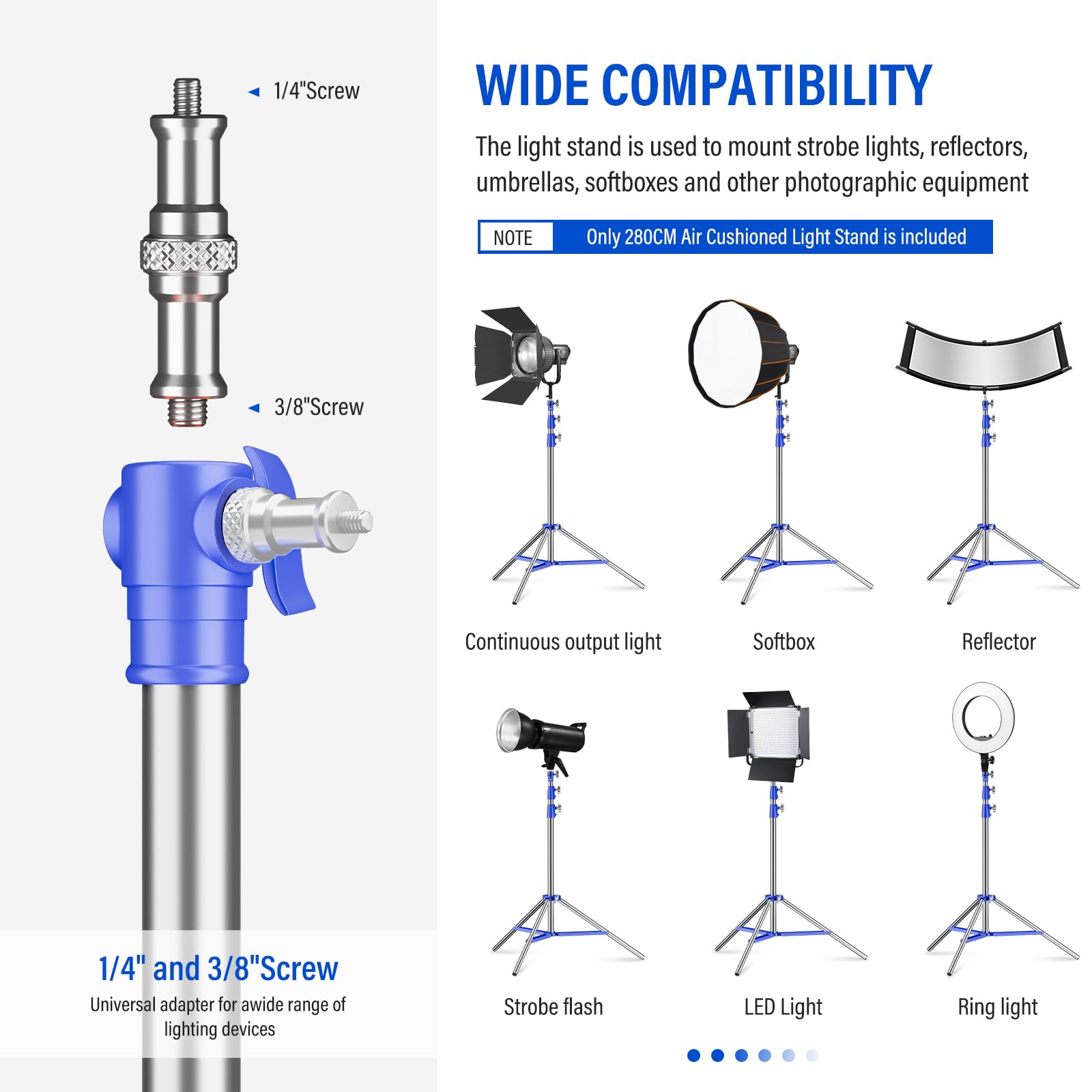 Soonpho Light Stand Supporto Leggero Treppiede 9,1 piedi/280cm Interamente in Metallo Ammortizzatore Capacità di Carico di 10kg per Fotografia Studio All'aperto e Live Streaming (Blu)