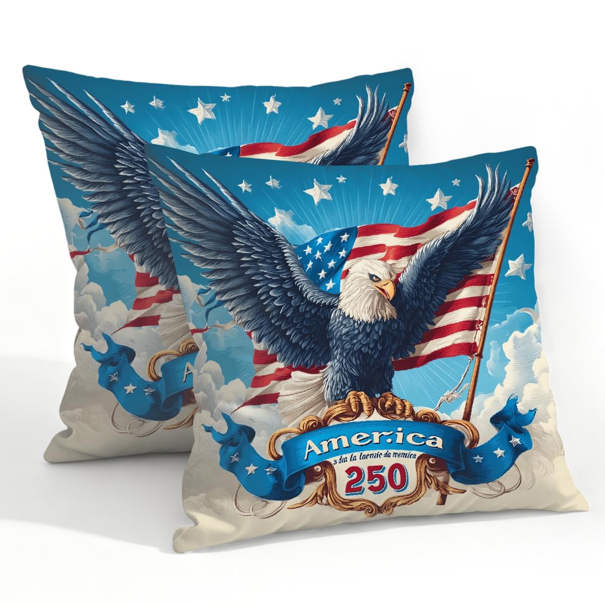 Outdoor Pillow Covers Waterproof Pillowcases 22x22in Set of 2 Independence Day 250th Bald Eagle Decorative Throw Cushion Case for Couch Sofa Garden Patio Furniture