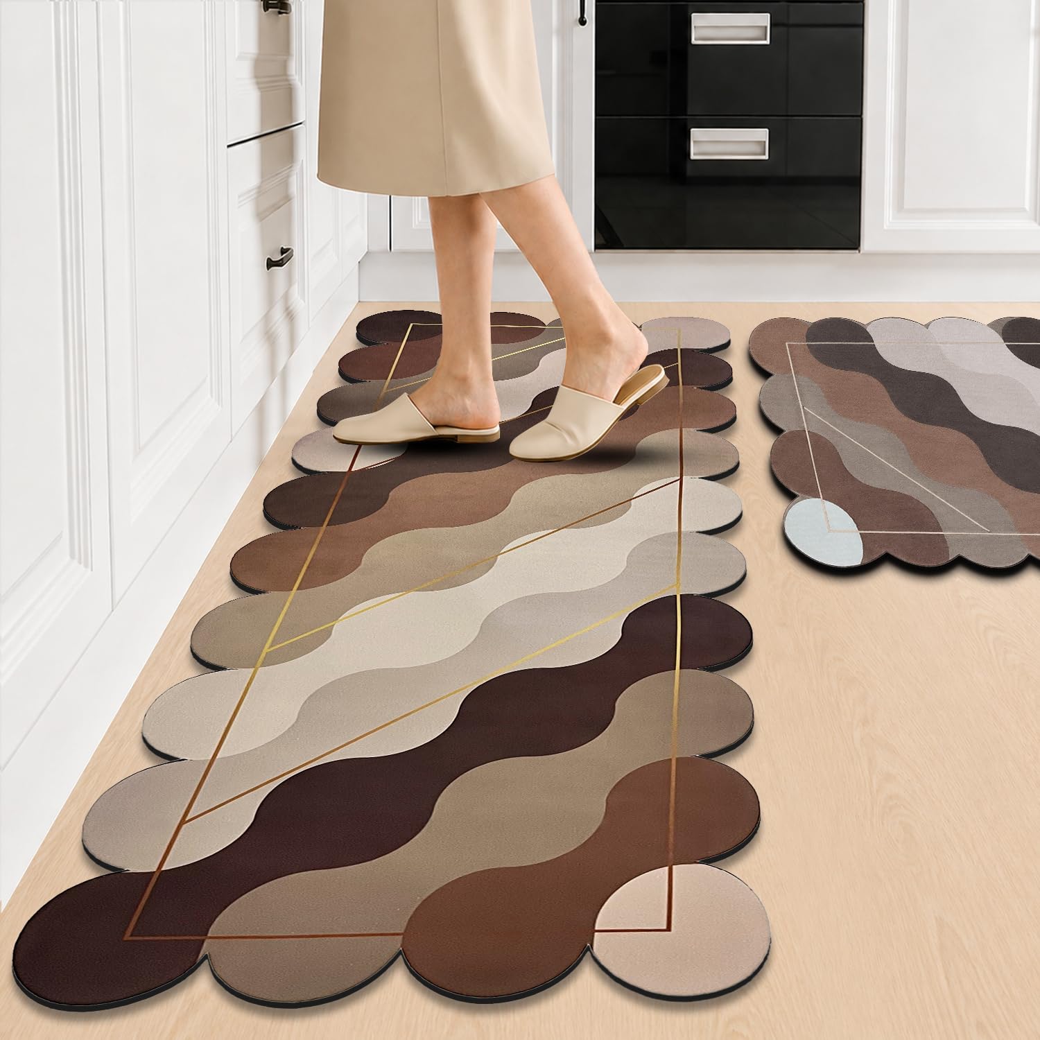 SITTELLA Waterproof Kitchen Mats for Floor Anti Slip, Set of 2, (40x60 CM & 120x40 CM), Wave-Prints | Soft Anti Skid Washable Kitchen Floor Mats | Kitchen Runner for Home & Laundry