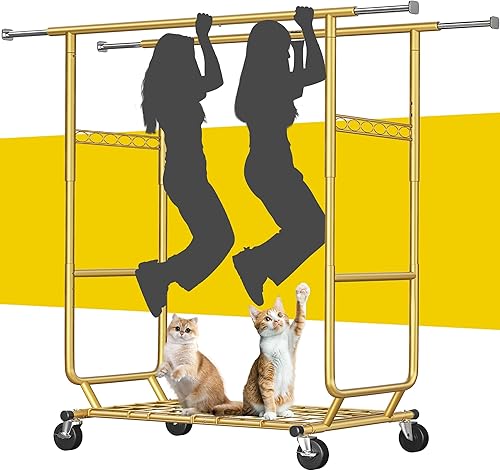 Vista 15 de Raybee Perchero con carga de 630 libras, perchero de ropa resistente, estantes de ropa rodantes para colgar ropa con ruedas, perchero ajustable