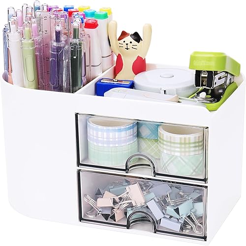 Miniatura 1 de Meiikun Organizador de escritorio multifuncional, soporte de plástico para bolígrafos con 2 cajones, 3 compartimentos y una bandeja superior,