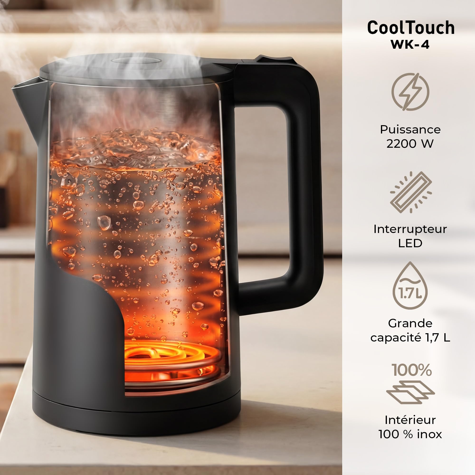 Balter Bouilloire électrique, Bouilloire inox, 1,7 l, design à double paroi, kettle, sans BPA, LED, silencieuse, noire