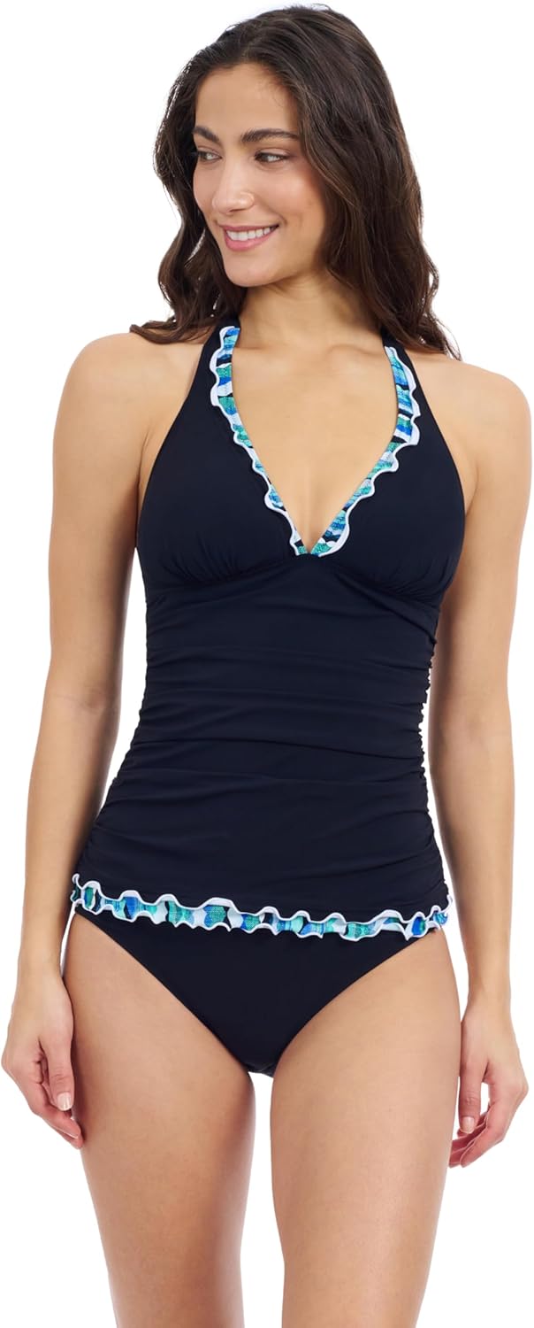Profile by Gottex Women’s Blue Multicolor Tricolore Halter Neck Detail Tankini with Soft Cups and Full Lining Swim Essential
