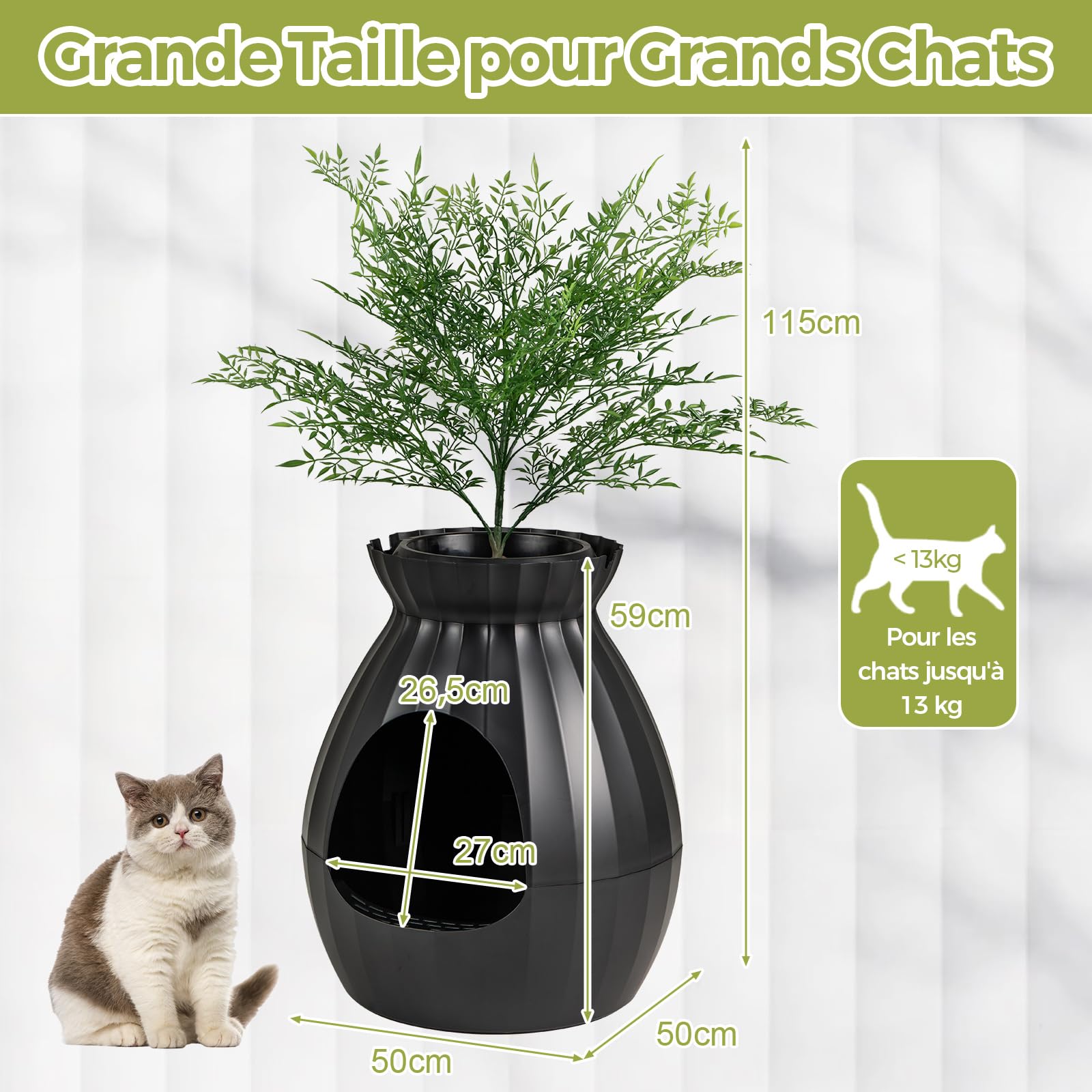 COSTWAY Bac Litiere pour Chat XXL avec Désodorisation Ionique, Grande Caisse Chat Litiere 63L avec Plante Artificielle Verte, Galets, Rideau, Pelle à Litière, Maison de Toilette pour Chaton (Noir)