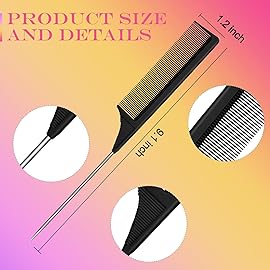 Leinuosen 3 Packs Rat Tail Comb Steel Pin Rat Tail Carbon Fiber Heat Resistant Teasing Combs with Stainless Steel Pintail (Pink, Black)