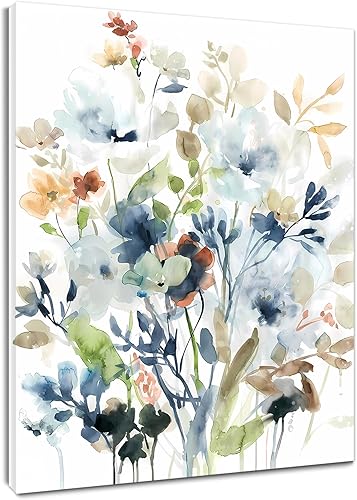 EOBTAIN Arte de pared de flores azules en acuarela, plantas naturales, flores silvestres y hojas de plantas sobre blanco, arte de pared enmarcado