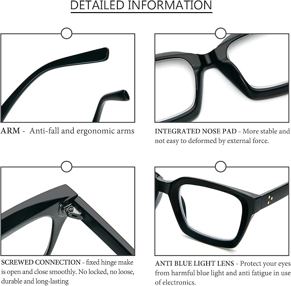 MMOWW Occhiali da Lettura Rettangolari - Oversized Square Frame Anti Luce Blu Occhiali donna uomo (Nero, +2.0) - 5
