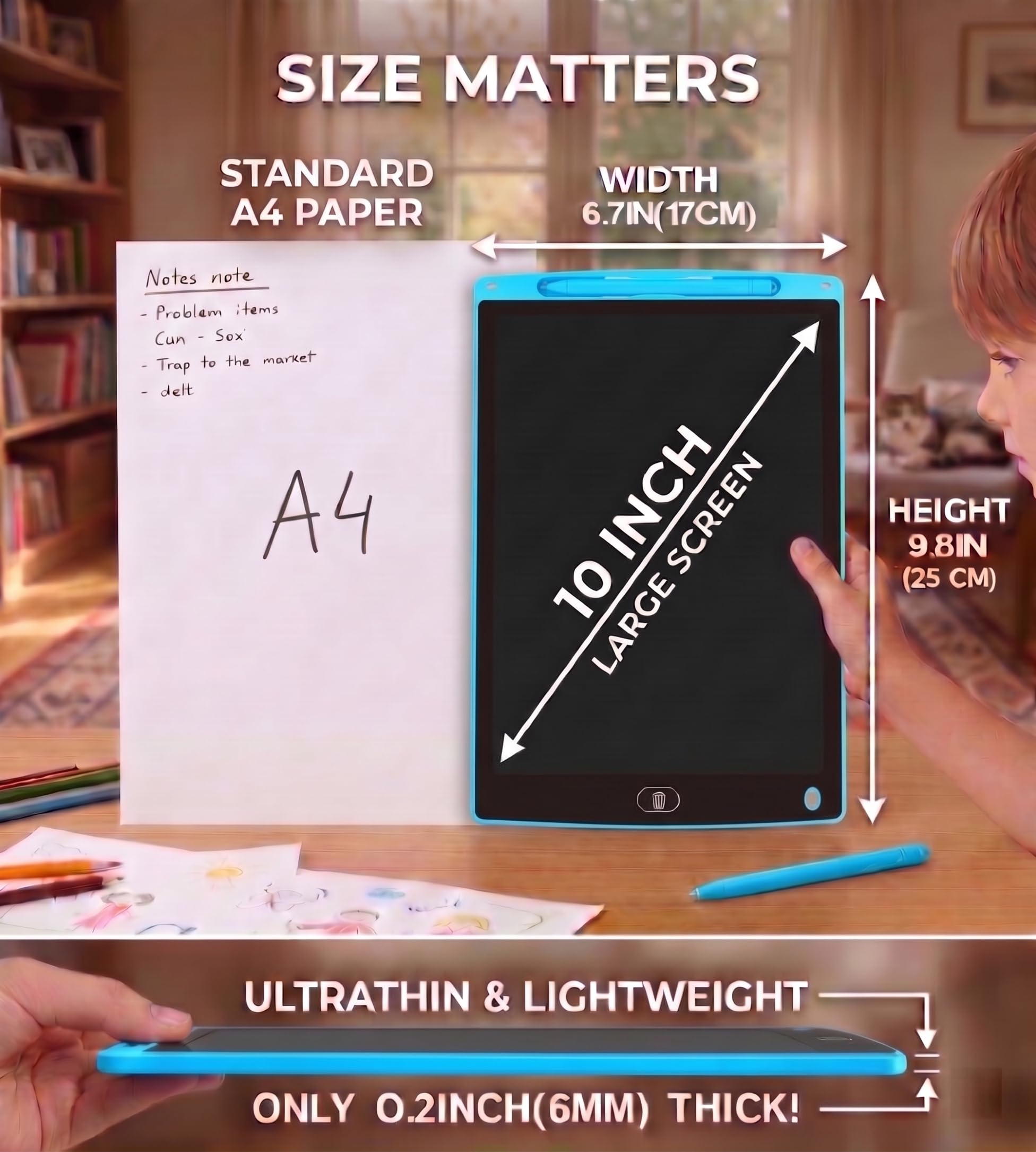 Tavoletta da scrittura LCD da 25,4 cm, blocco da disegno riutilizzabile con cancellazione a un pulsante, lavagna elettronica leggera per bambini, studenti, ufficio e uso domestico (blu)