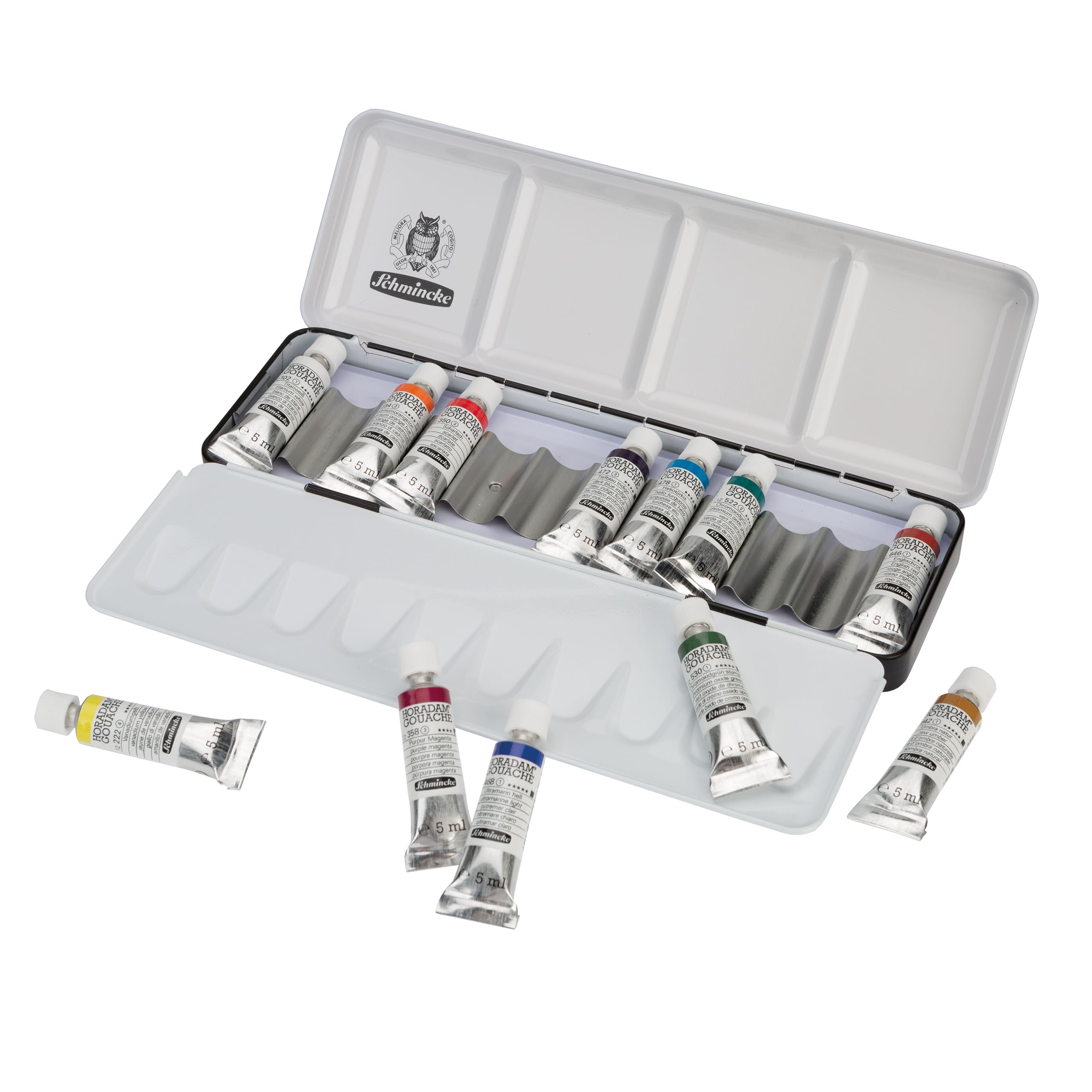 Schmincke - HORADAM® Gouache, 12 tubes de 5 ml, 72 714 097, 12 teintes de gouache très fines dans un coffret métallique, concentration maximale des pigments, luminosité et profondeur des couleurs