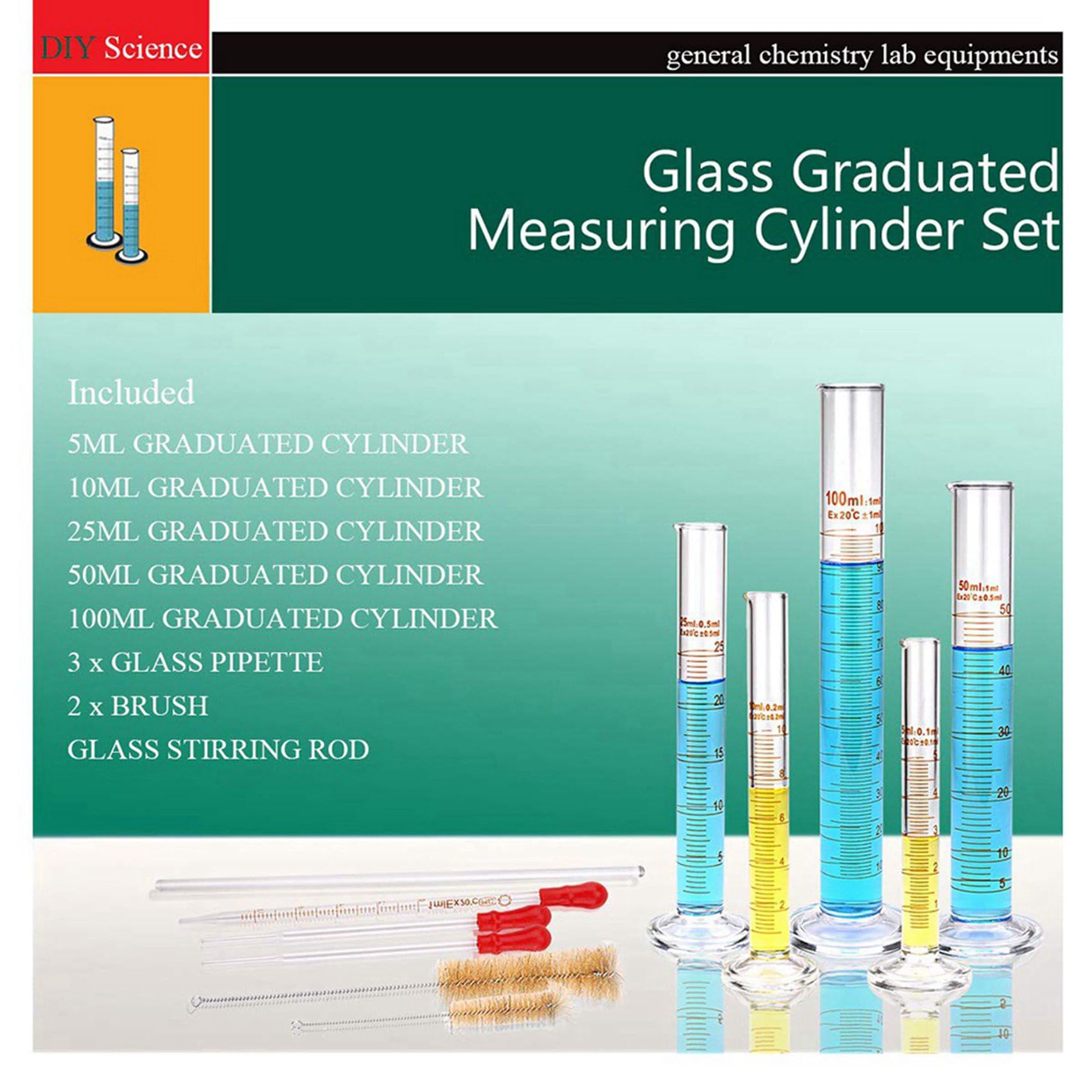 3X Glas Mess Zylinder Set, Premium Borosilikat Zylinder Kit mit 9 Pipetten + 6 Bürsten + 3 RüHr Stab
