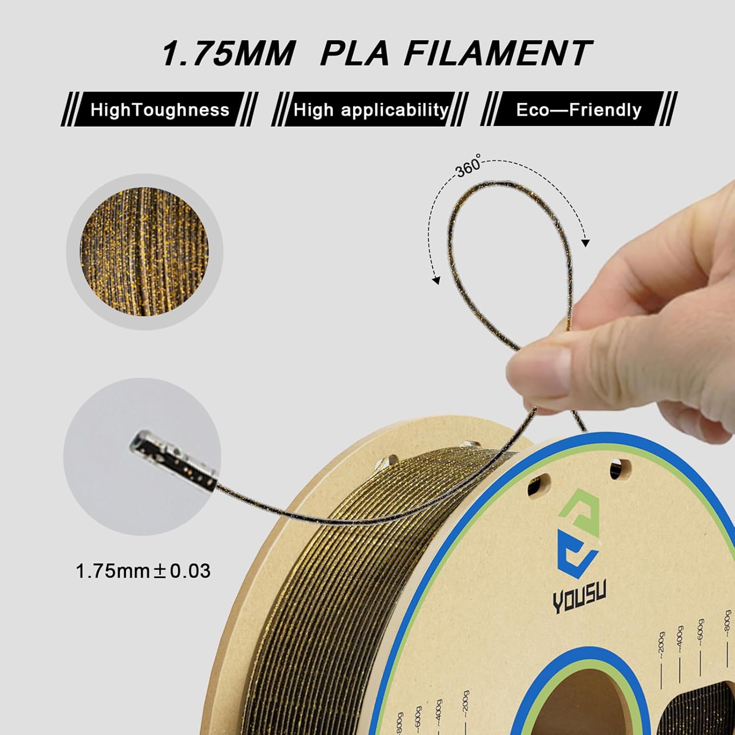 3D Printer Filament 1.75mm PLA Gold 3D Effect Glitter 3D Printing Material Compatible with FDM 3D Printers Accuracy +/-0.03mm Standard 1 Roll 1KG(2.2lbs) - Black Glitter Gold