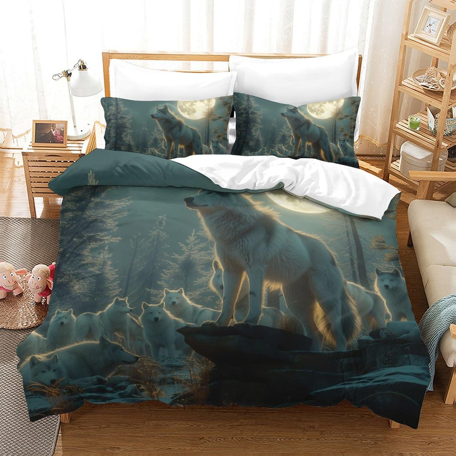 Parure de lit loup imprimé 3D King 220x240cm avec housse de couette et taies d'oreiller microfibre