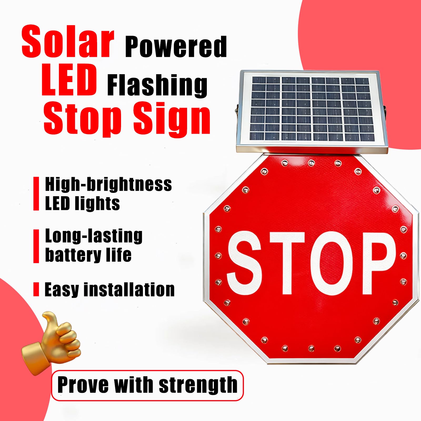 Señal de Stop LED Solar de 61 cm, Intermitente y Reflectante, con Marco metálico Octogonal Resistente a la corrosión, Resistente al Agua IP65, Ideal para estacionamientos, autopistas.