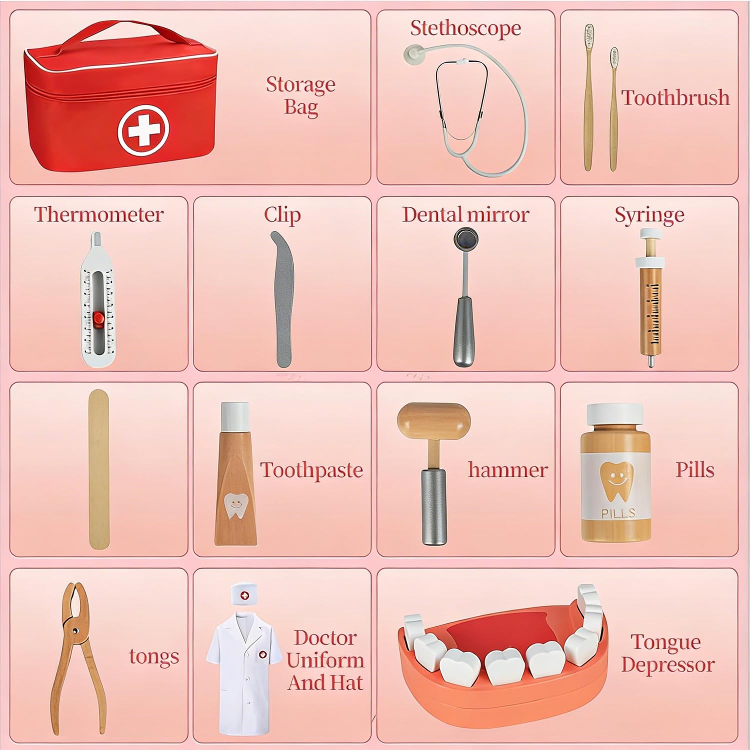 Malette Docteur Enfant Médecin Jouet Bois avec stéthoscope véritable, Mallette de Dentiste, Blouse de Docteur, Cadeau médical de Jeu de Rôle pour Filles garçons 3 4 5 Ans