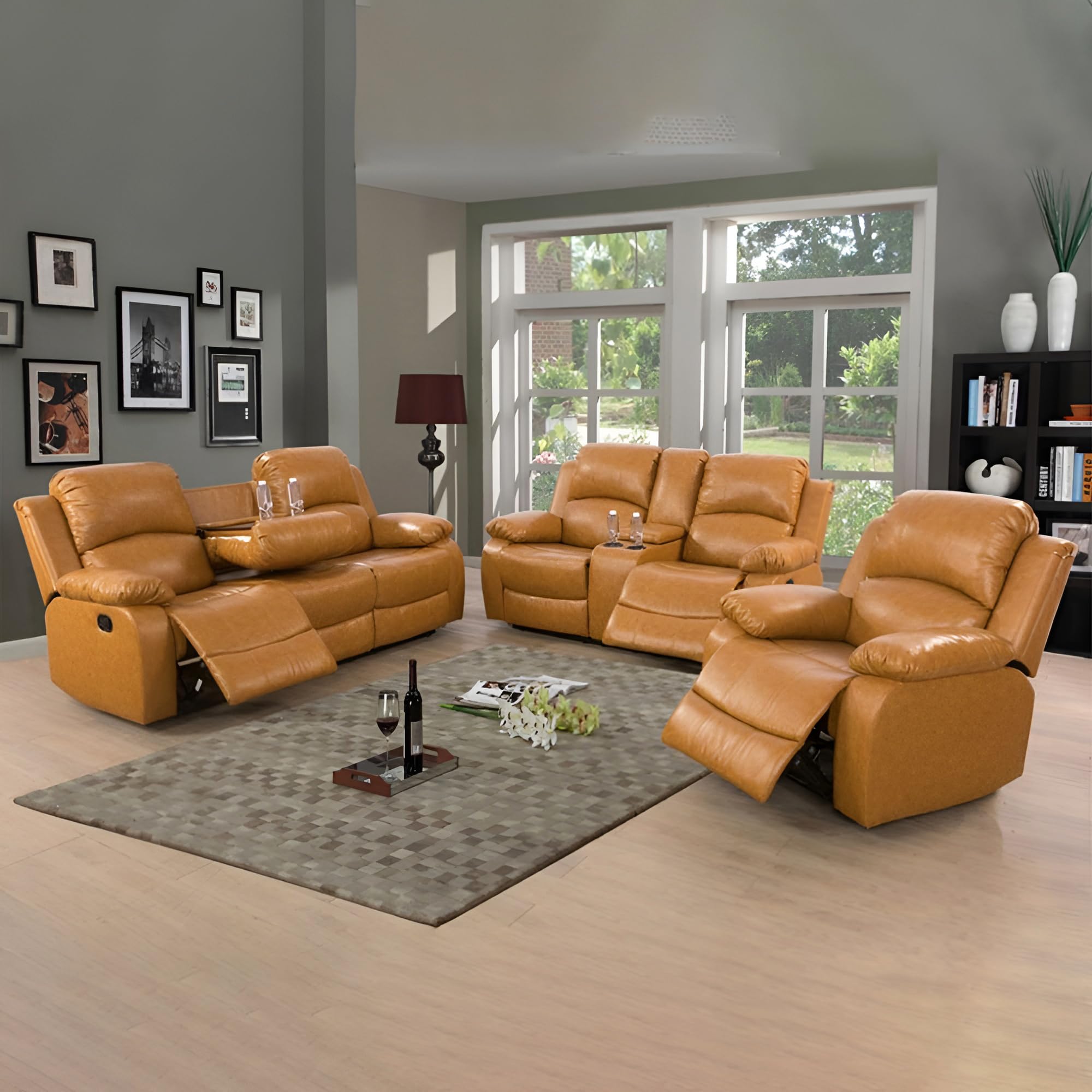 Amazon.com: Caberryne Leather Recliner Sofa Set，Leather Reclining Sofa ...