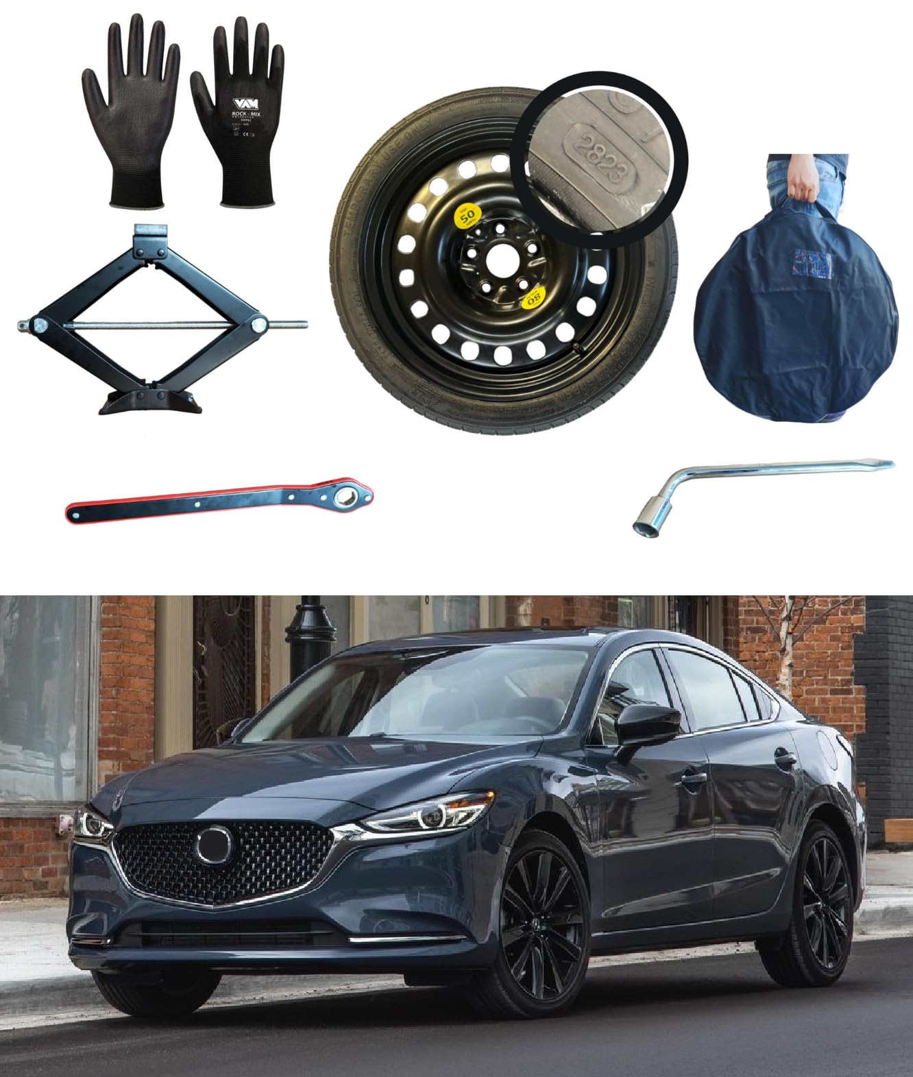 Kit rueda de repuesto de 18" compatible con Mazda 6 (2013>) con gata, llave, guantes y funda 125/70R18