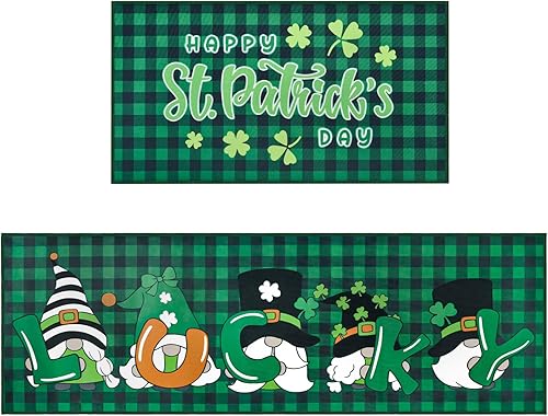 ABONDEVER Juego de 2 alfombras de cocina del Día de San Patricio, gnomos de trébol de la suerte, decoración de suelo del día de San Patricio,