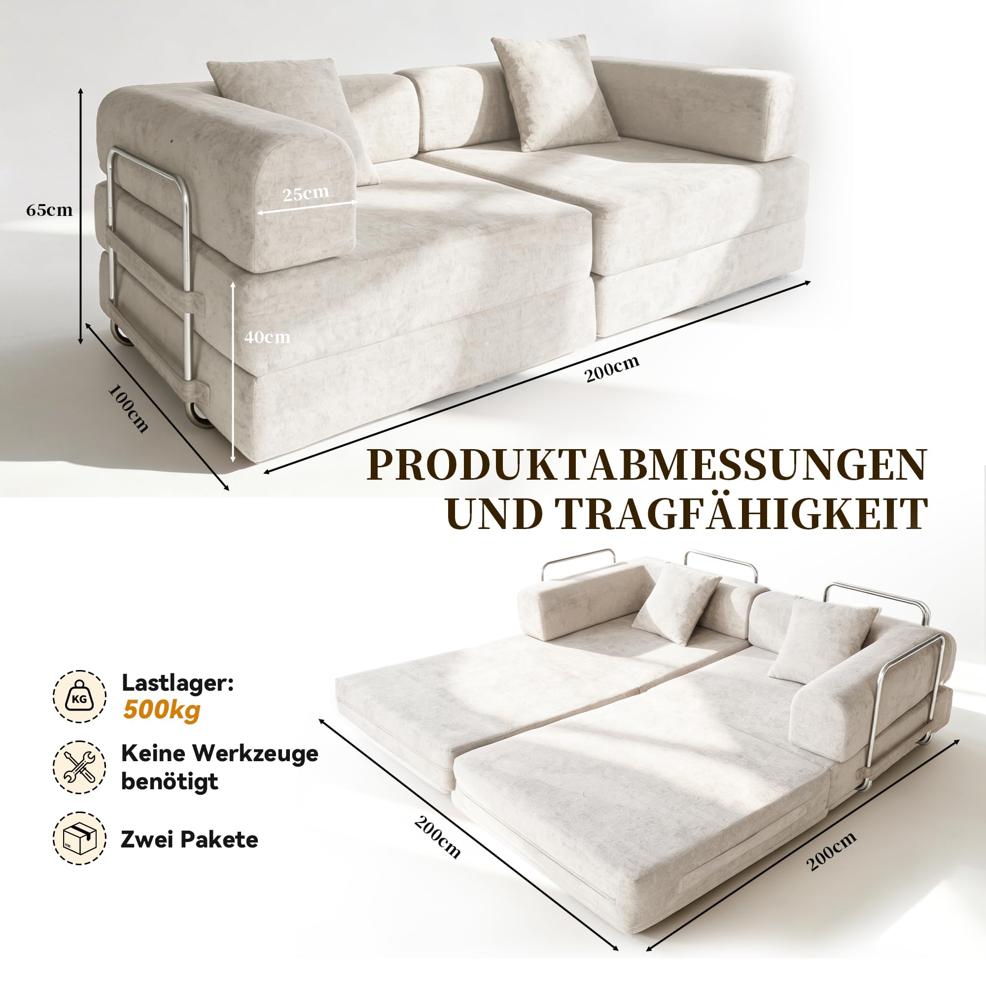 Schlafsofa 200cm Breit, Boneless Couch mit Kuscheliger Chenille-Stoff, Modulares Bodensofa klappbar, 3-Sitzer Sofa mit Schlaffunktion, Waschbarer Bezug, Metallrahmen & 2 Kissen, Cremeweiß