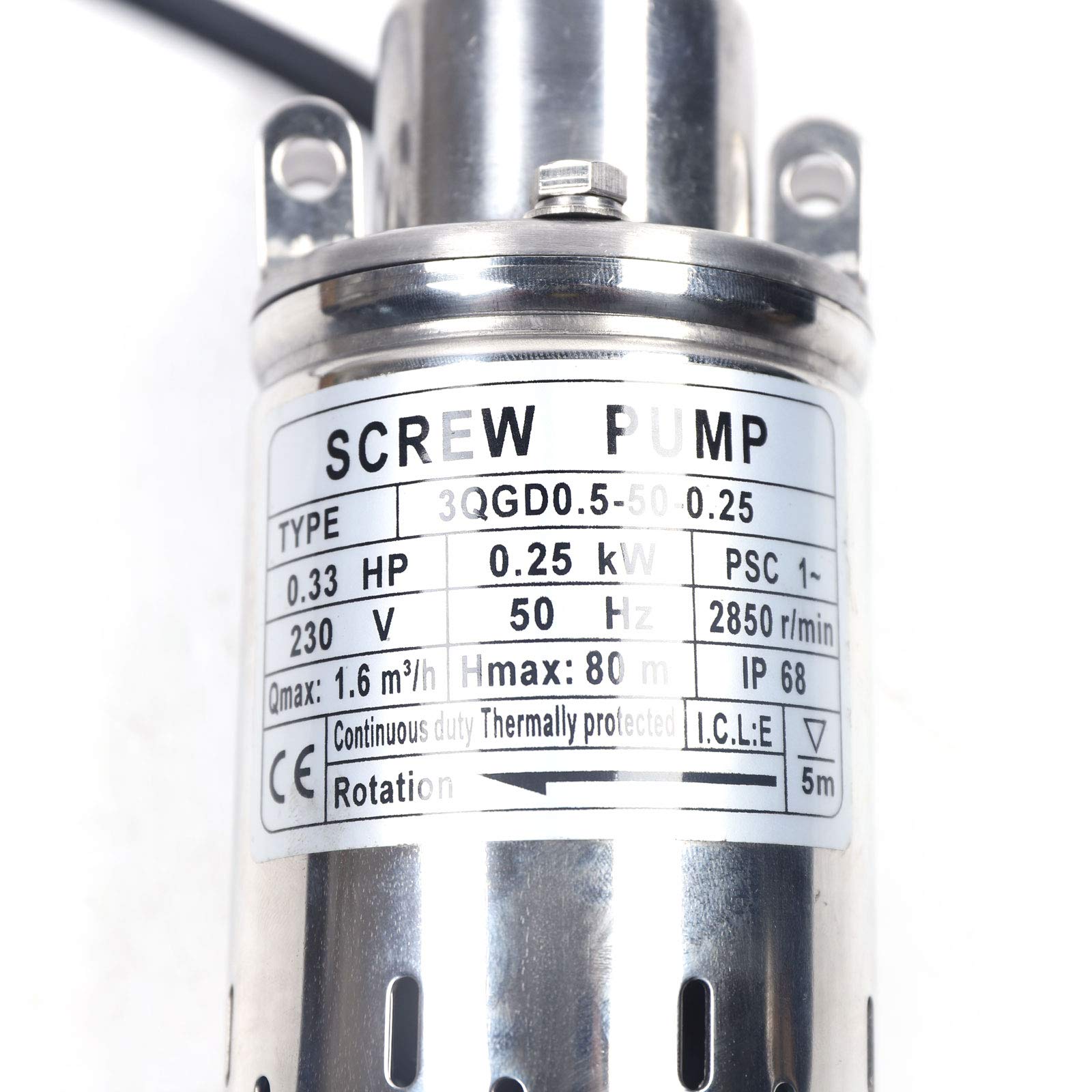 Bomba sumergible para pozos profundos, 1600 l/h, 250 W, 80 m, altura de extracción, bomba de tubo, bomba sumergible para pozos, ideal para riego o suministro de agua