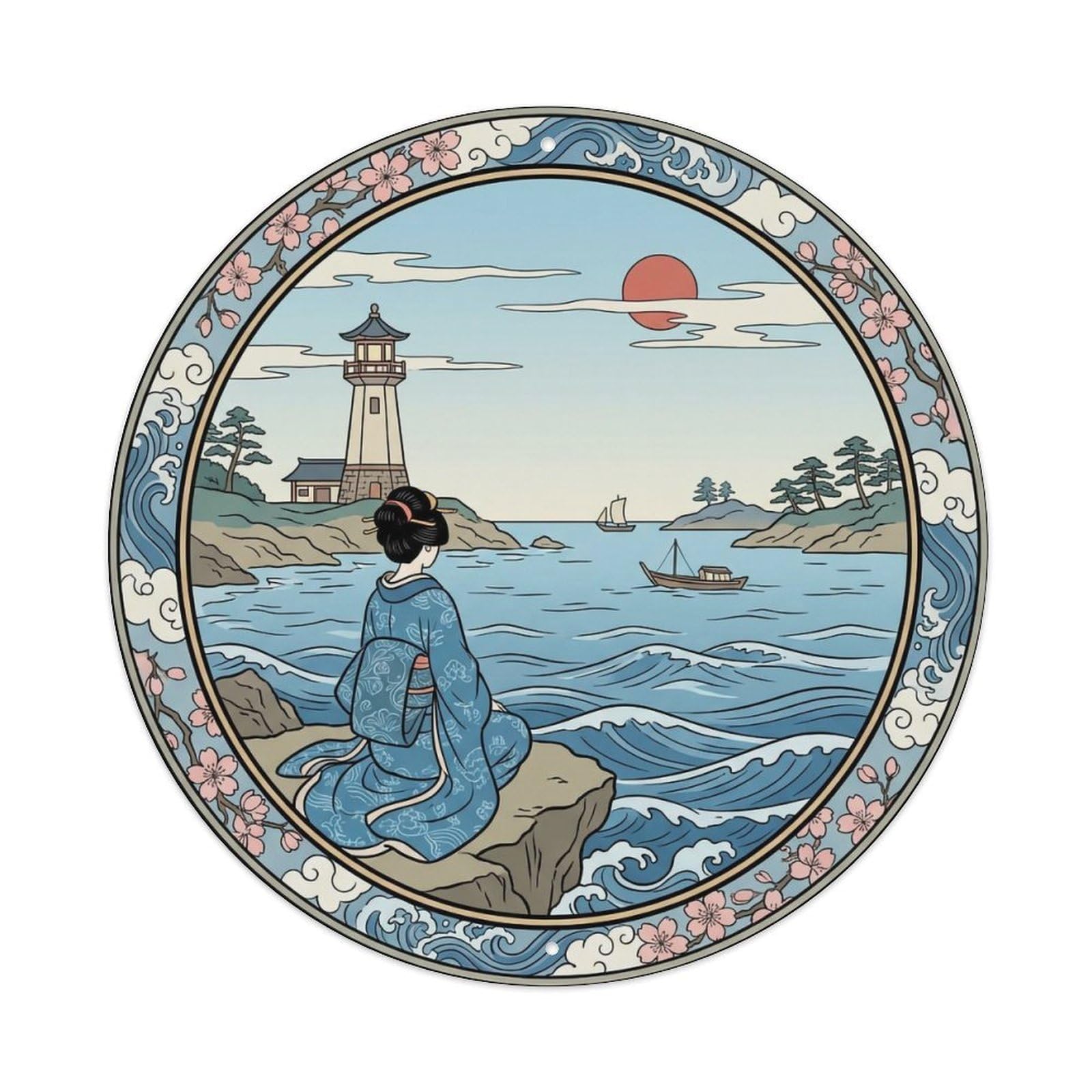 Japanese Geisha Seaside Lighthouse Ocean Scenery Metal Tin Sign
