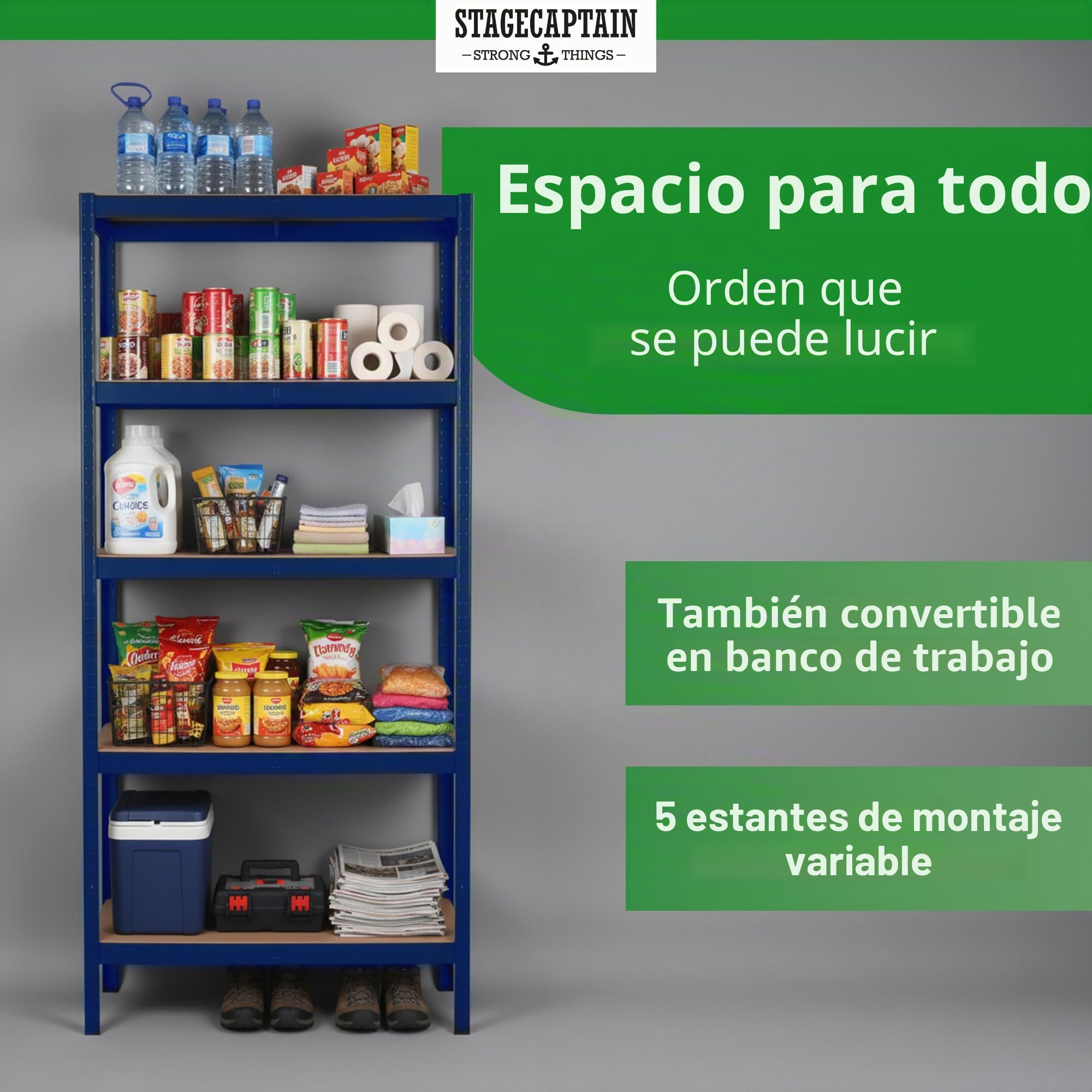 Stagecaptain Heavyrack HR-175 BU Juego de 2 estanterías metálicas - Estanteria Almacenaje de Cargas Pesadas de 875 kg MAX. - Estante Almacenamiento - 5 Baldas Multiusos - Azul