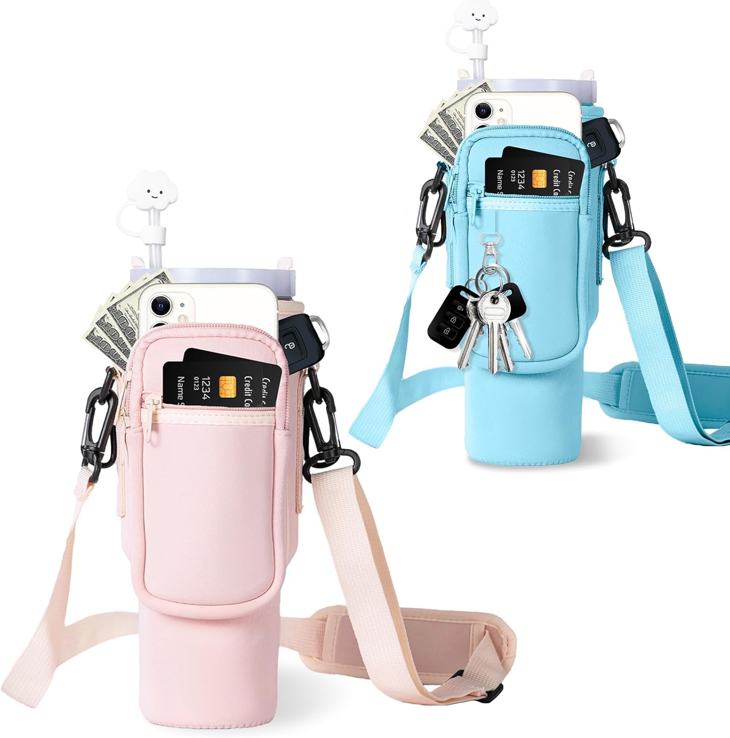 Water Bottle Carrier Bag with Phone Pocket for Stanley 40oz Tumbler with Handle（Pink+Blue）