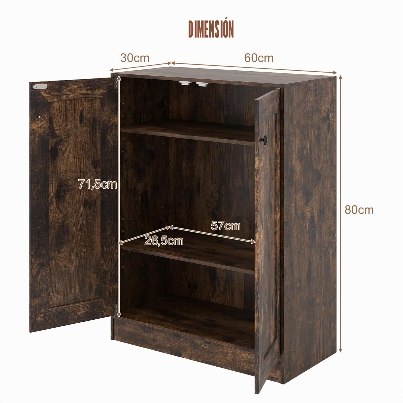KOMFOTTEU Aparador Bajo con 2 Puertas, Mueble Buffet de 3 Niveles con 2 Estantes Ajustables, Armario de Almacenamiento con Kit Antivuelco, para Salón, Comedor, Entrada, 60 x 30 x 80 cm (Industrial)