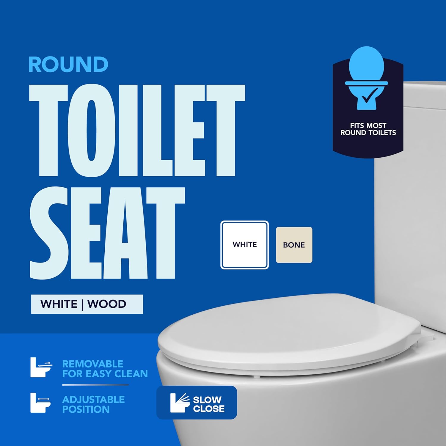 Highcraft W4TSWR Molded Wood Toilet Seat Slow Close ? Easy Remove ? Adjustable Hinge, Round, White Round Wood White