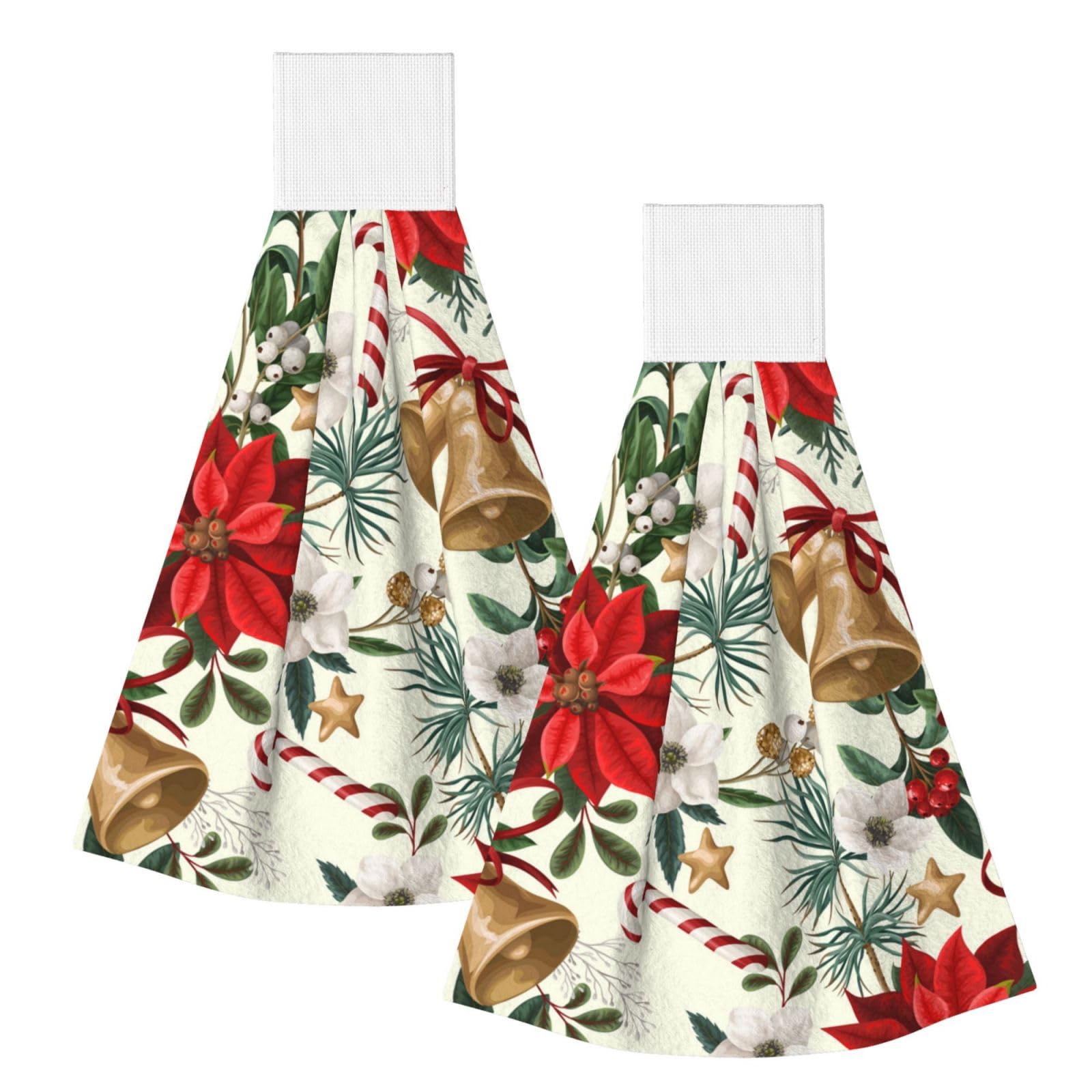 DOPKLNA Christmas Poinsettia Floral Xmas Bell, 2 Pcs Hanging Coral Fiber Hand Towels for Bathroom, Absorbent Kitchen Towels