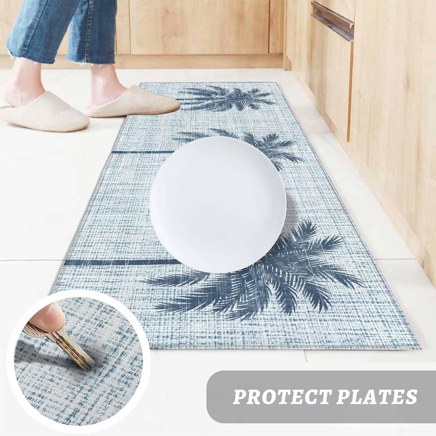 Kitchen Mats for Floor Summer Navy Blue Palm Tree Washable Non Slip Kitchen Rugs 1PCS, Tropical Plant on Linen Texture Absorbent Standing Mats for Sink Bathroom Office Living Room 15.7x47.2in