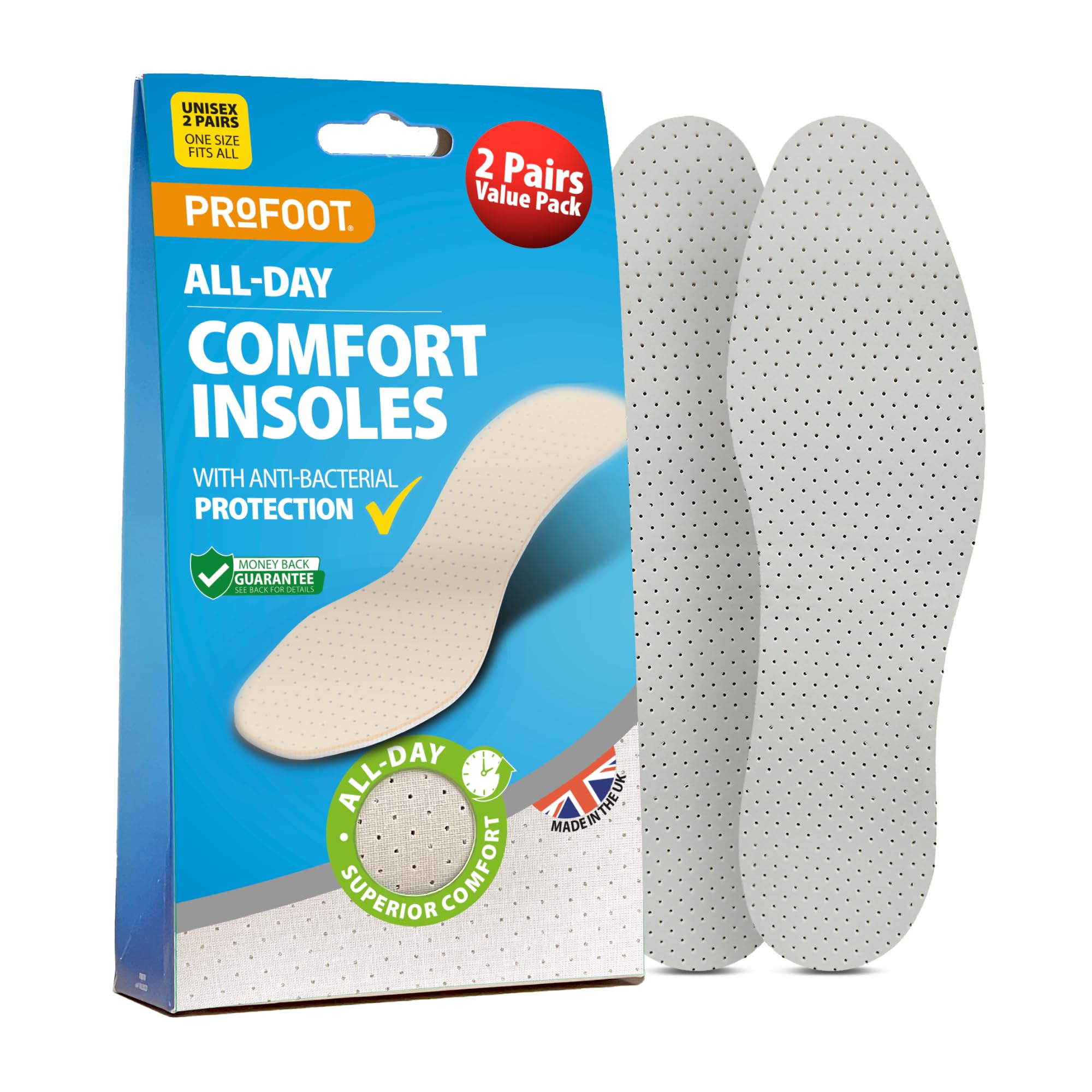 Profoot All Day Comfort Insoles - Anti-Bacterial Protection - Ideal for Foot Discomfort - Unisex Insoles with Superior Comfort - Transferable Between Shoes - Washable and Reusable - Pack of 2
