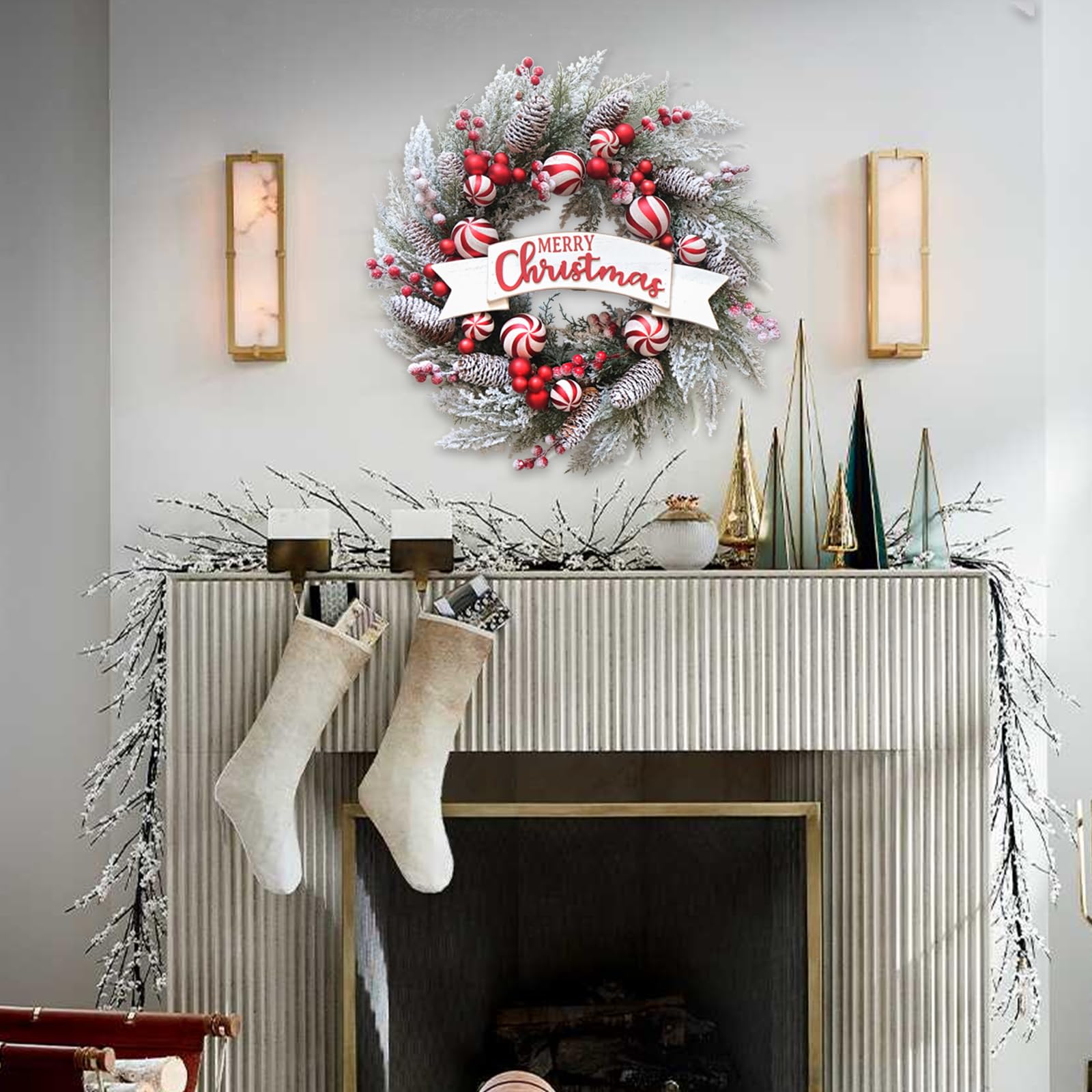 Corona de Navidad artificial de 24 pulgadas para puerta delantera con bolas, bayas, agujas de pino, conos de pino, decoraciones de Navidad para interiores y exteriores, ventana, hogar,