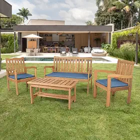 Conjunto para Jardim de Madeira Eucalipto 4 Peças Estofado Nature Espresso Móveis Amadeirado/azul