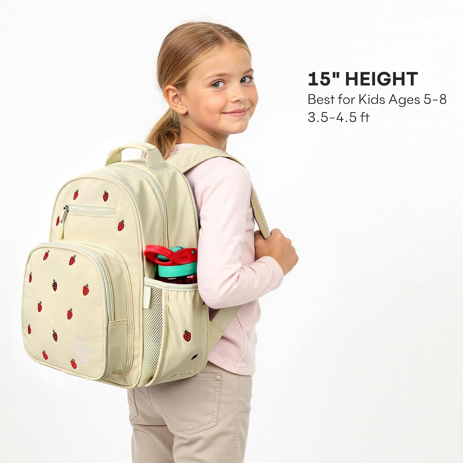 mibasies Girls Backpacks Ages 5-8: Quilted Backpack for Kids - Cute 15 Inches Bookbag for Kindergarten Elementary School Strawberry Beige