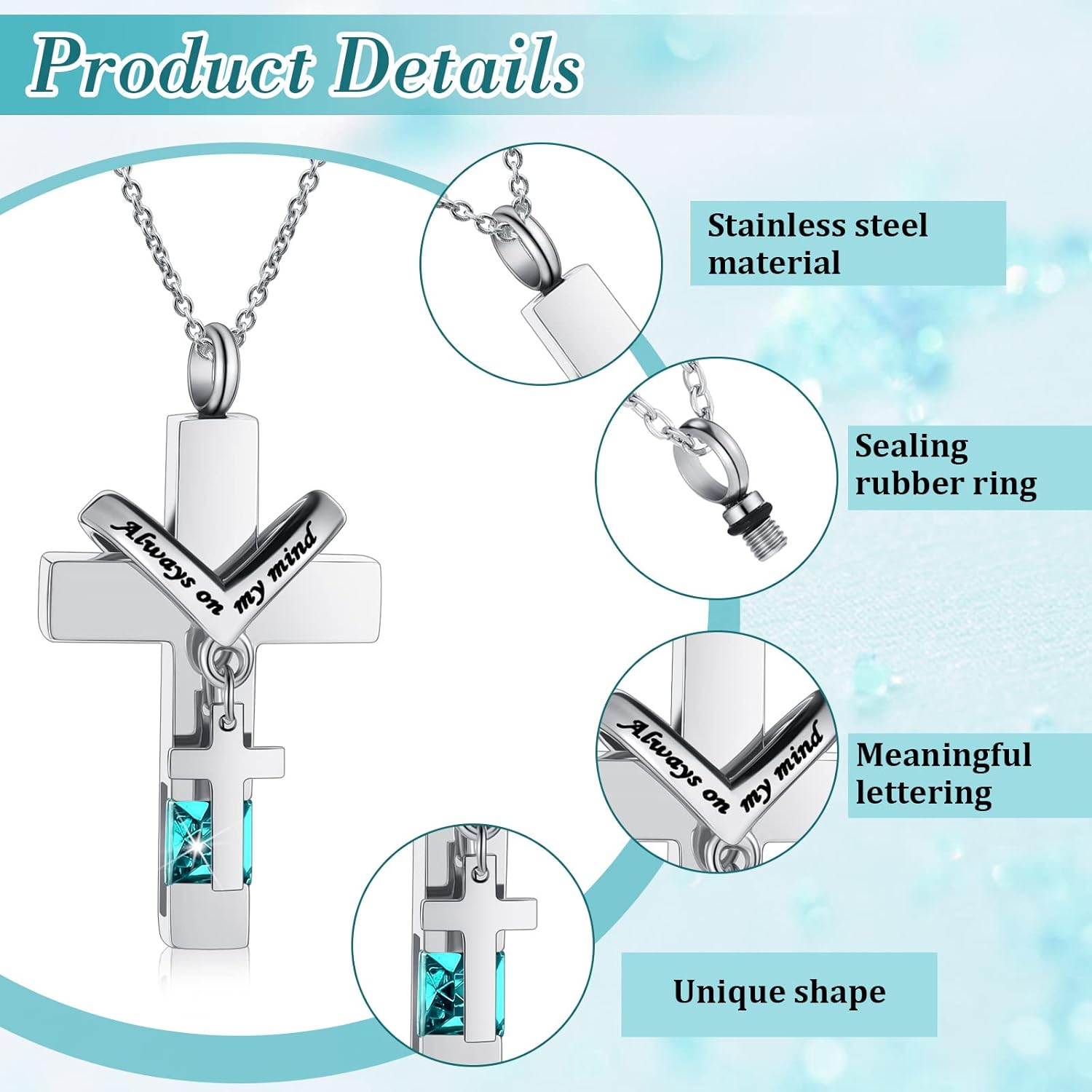 Jexine 10 Pcs Urn Necklace For Ashes Cremation Jewelry Wings Tear Drop Cross Crystal Ashes Necklace Stainless Steel Zircon Memorial Locket Vertical Bar Heart Waterproof Keepsake For Men - Image 2