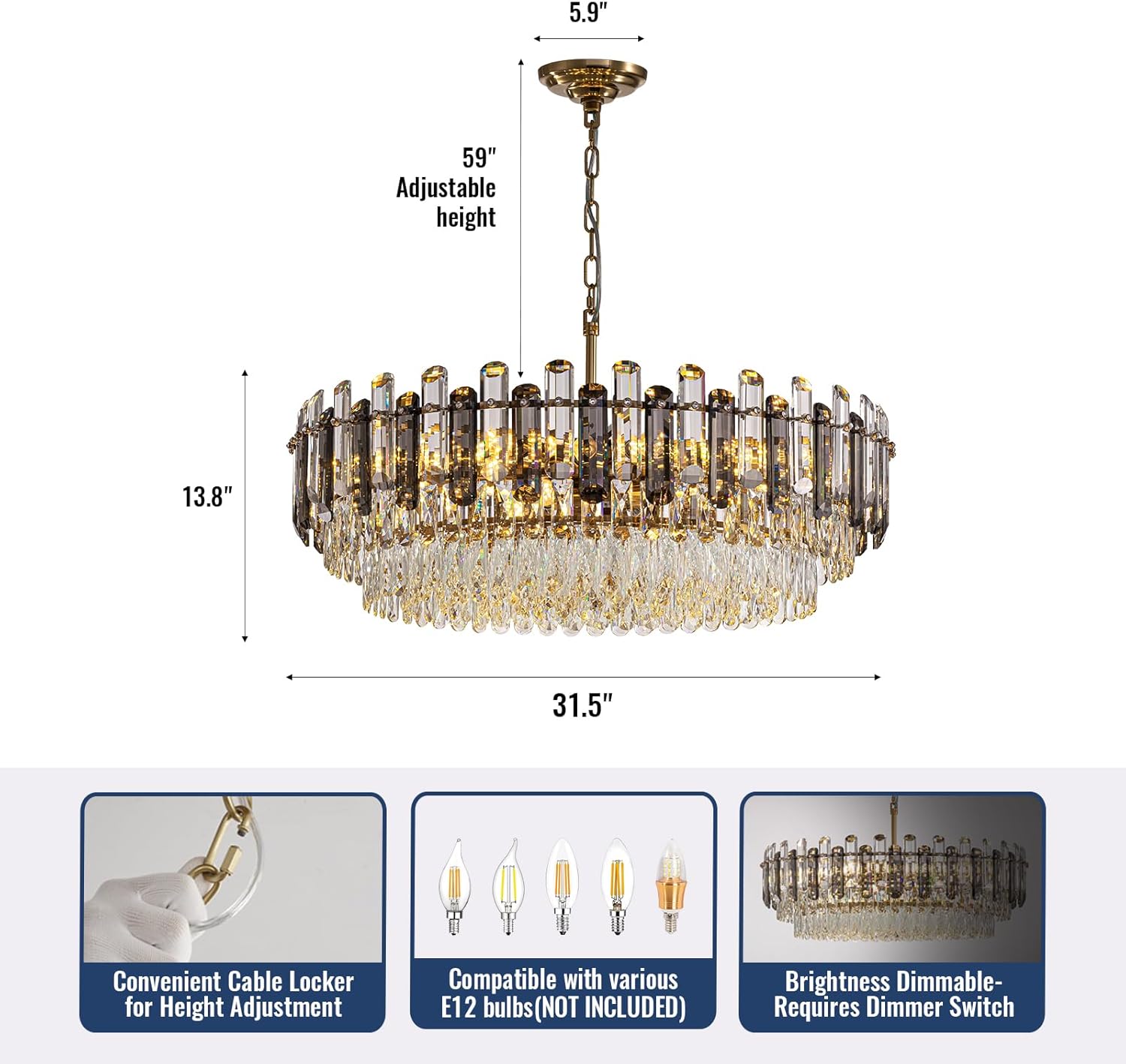 31.5" Crystal Chandeliers,8-Tier Modern Chandeliers for Dining Room,Smoke Grey Round Top K9 Crystals Pendant Lights Kitchen Island Living Room Bedroom Entryway Hotel