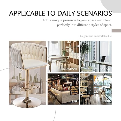 Miniatura 7 de Juego de 2 taburetes de bar giratorios de terciopelo, taburetes de bar de altura de mostrador con respaldo tejido, taburetes de cocina dorados para