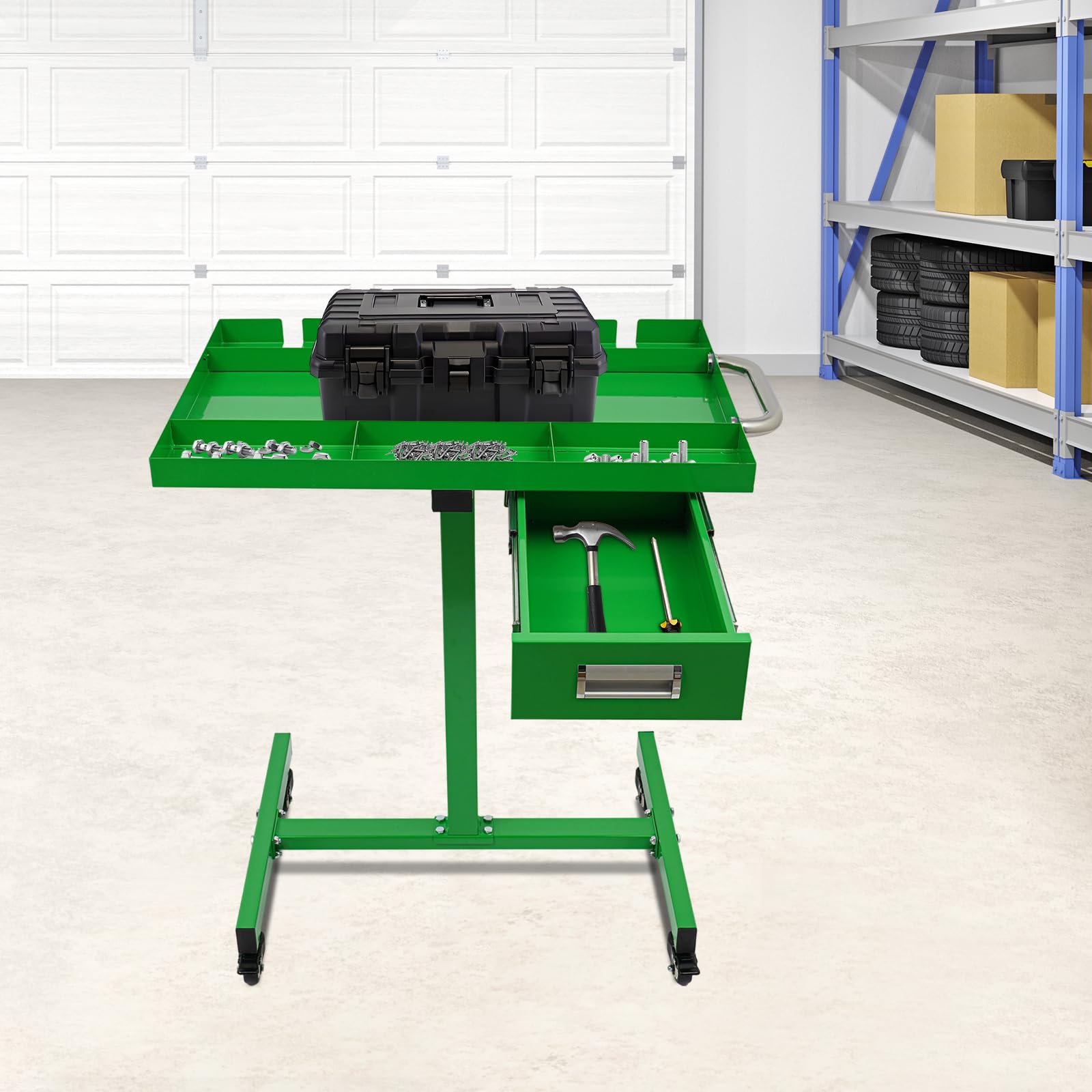 Banco da lavoro per carichi pesanti, 80 x 90 cm, carrello degli attrezzi arrotolabile, portata 100 kg, con cassetto e ripiano, per officina, garage, ufficio, casa (verde)