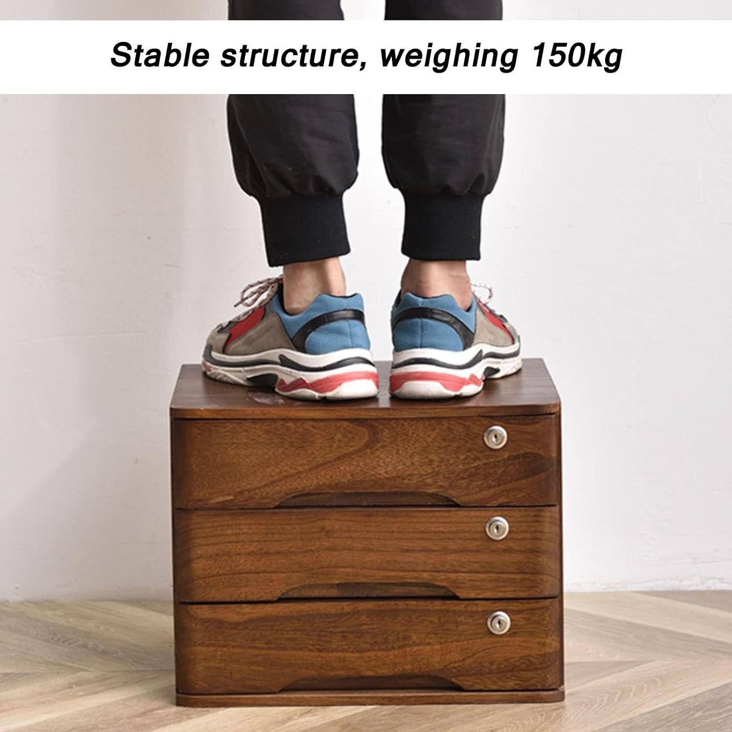 Wooden Desktop File Cabinet Nizer with Lockable Drawers 2/3/4 Tier Desktop Storage Box for Documents(Brown-3 Layer)