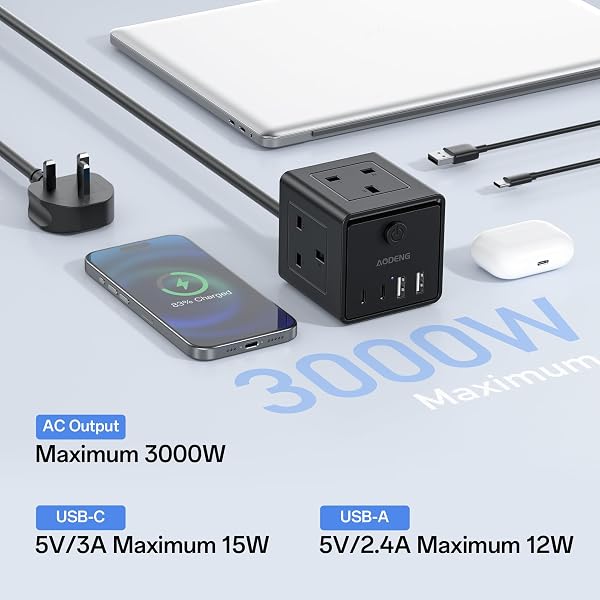 Extension Lead with 4 USB Slots and Switch, 3 Way Multi Plug Extension Cable with 2 USB C, UK Desktop Power Extension Cord with Multi Socket, 1.5M Extension Cable for Home Office - 3