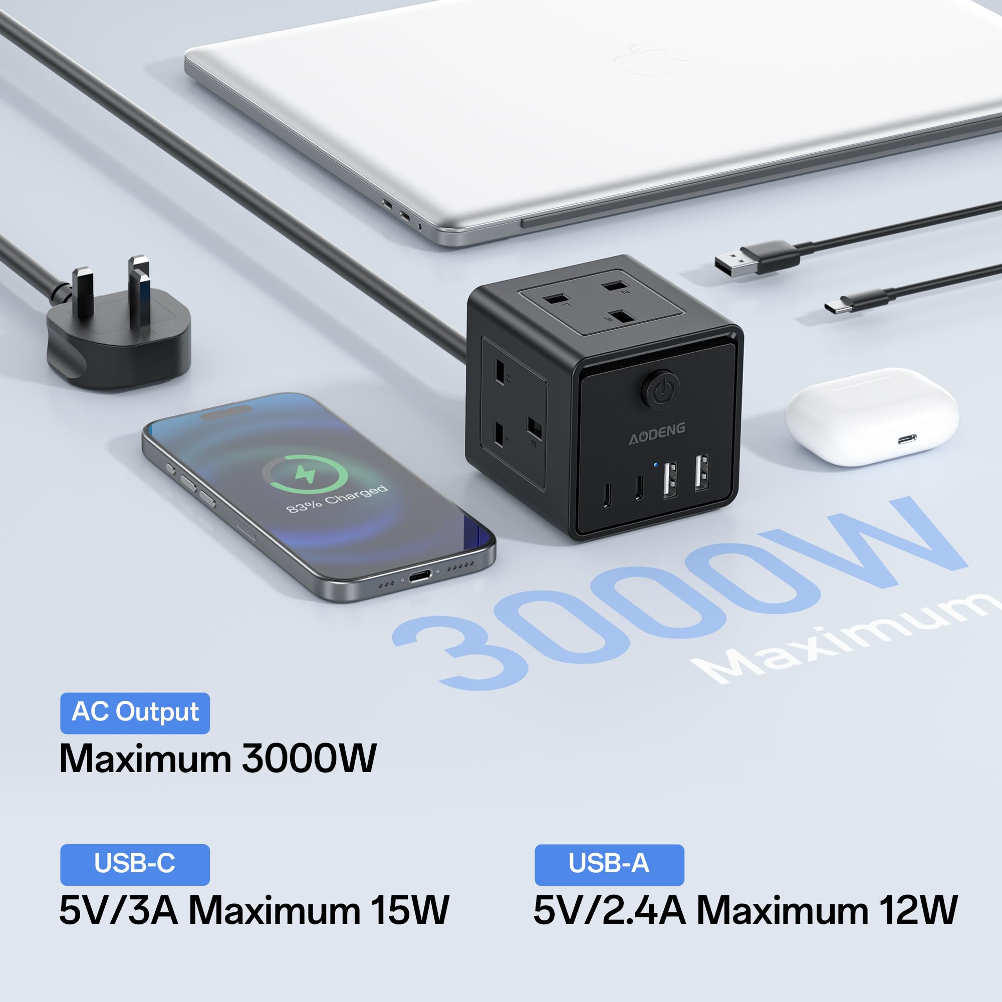 Extension Lead with 4 USB Slots and Switch, 3 Way Multi Plug Extension Cable with 2 USB C, UK Desktop Power Extension Cord with Multi Socket, 1.5M Extension Cable for Home Office — view 3